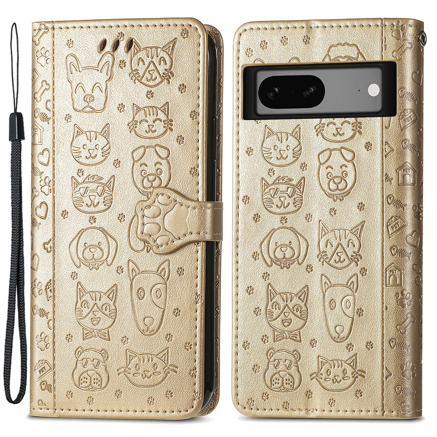 For Google Pixel 7a 5G PU Leather Wallet Cover Imprinted Cat Dog Pattern Drop Protection Phone Stand Case