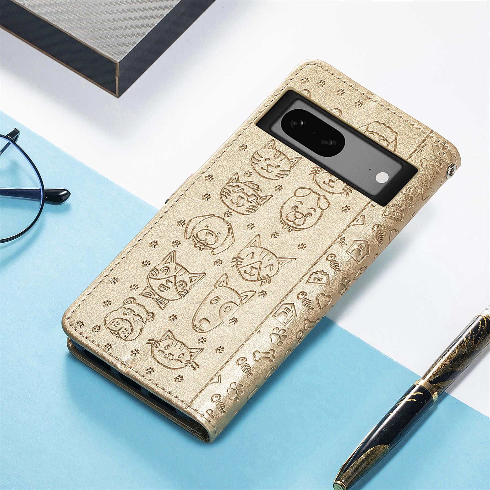 For Google Pixel 7a 5G PU Leather Wallet Cover Imprinted Cat Dog Pattern Drop Protection Phone Stand Case