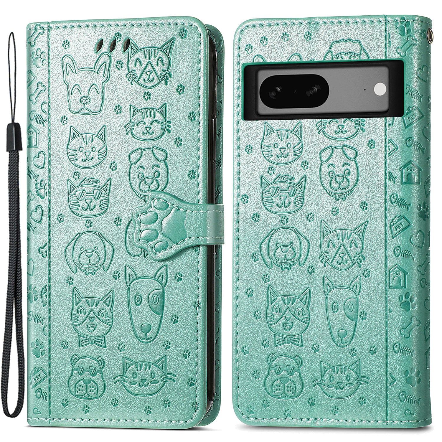 For Google Pixel 7a 5G PU Leather Wallet Cover Imprinted Cat Dog Pattern Drop Protection Phone Stand Case