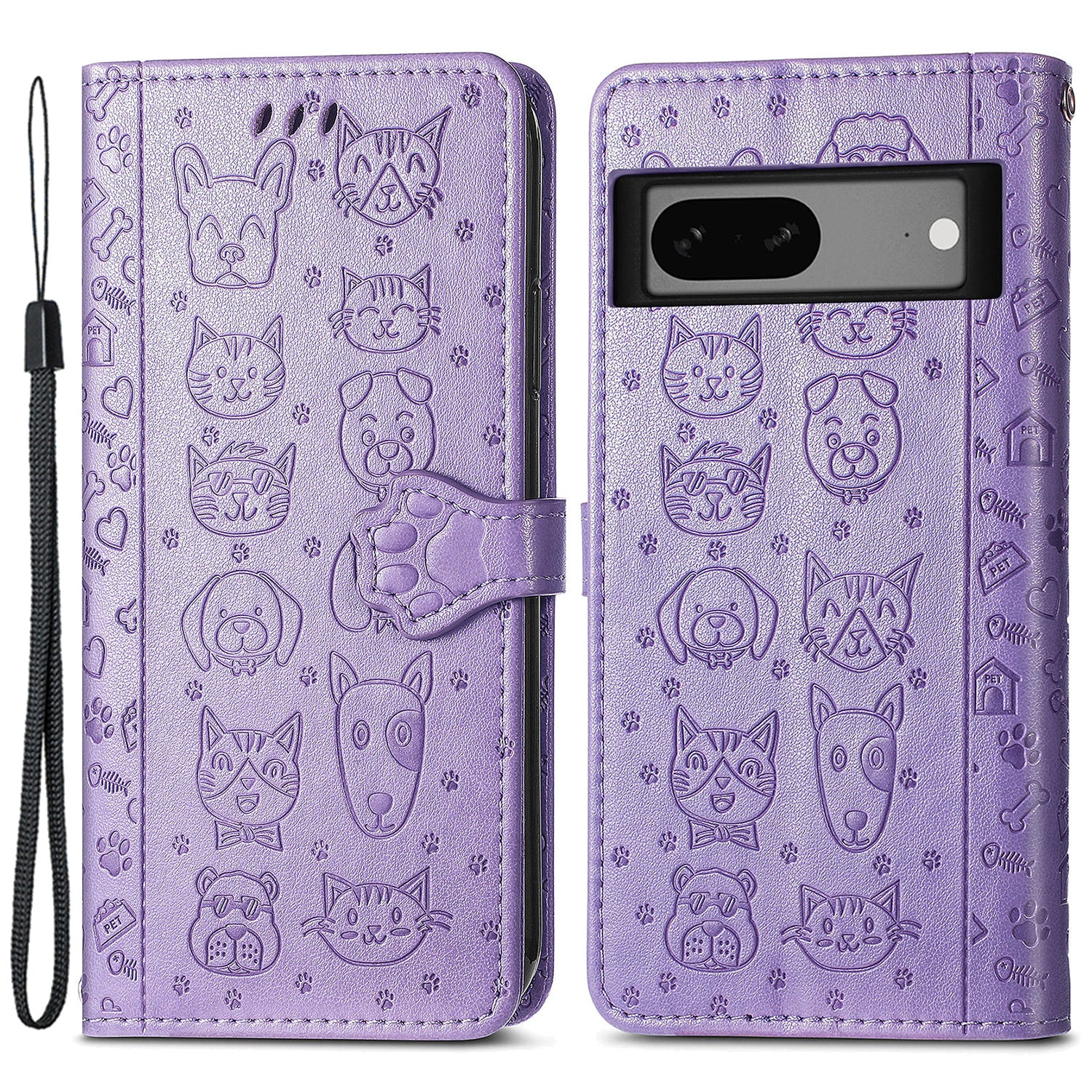 For Google Pixel 7a 5G PU Leather Wallet Cover Imprinted Cat Dog Pattern Drop Protection Phone Stand Case