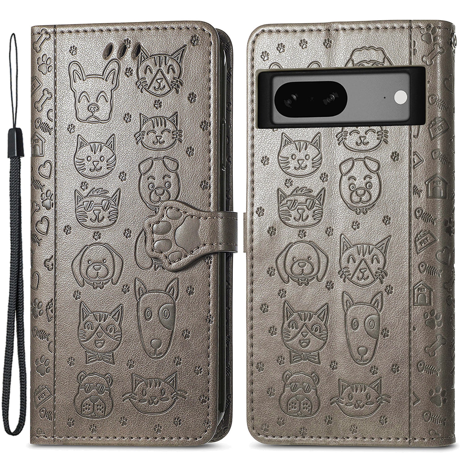 For Google Pixel 7a 5G PU Leather Wallet Cover Imprinted Cat Dog Pattern Drop Protection Phone Stand Case