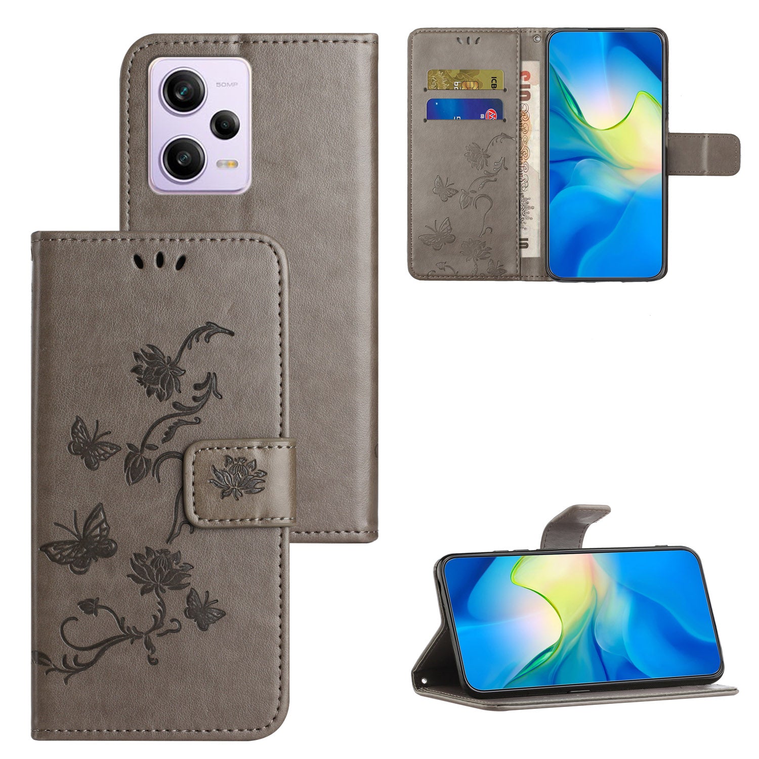 Phone Case For Xiaomi Redmi Note 12 5G (Global) (India) (China) Poco X5 5G Anti-drop PU Leather Phone Cover Stand Wallet with Imprinted Butterfly Flower Pattern