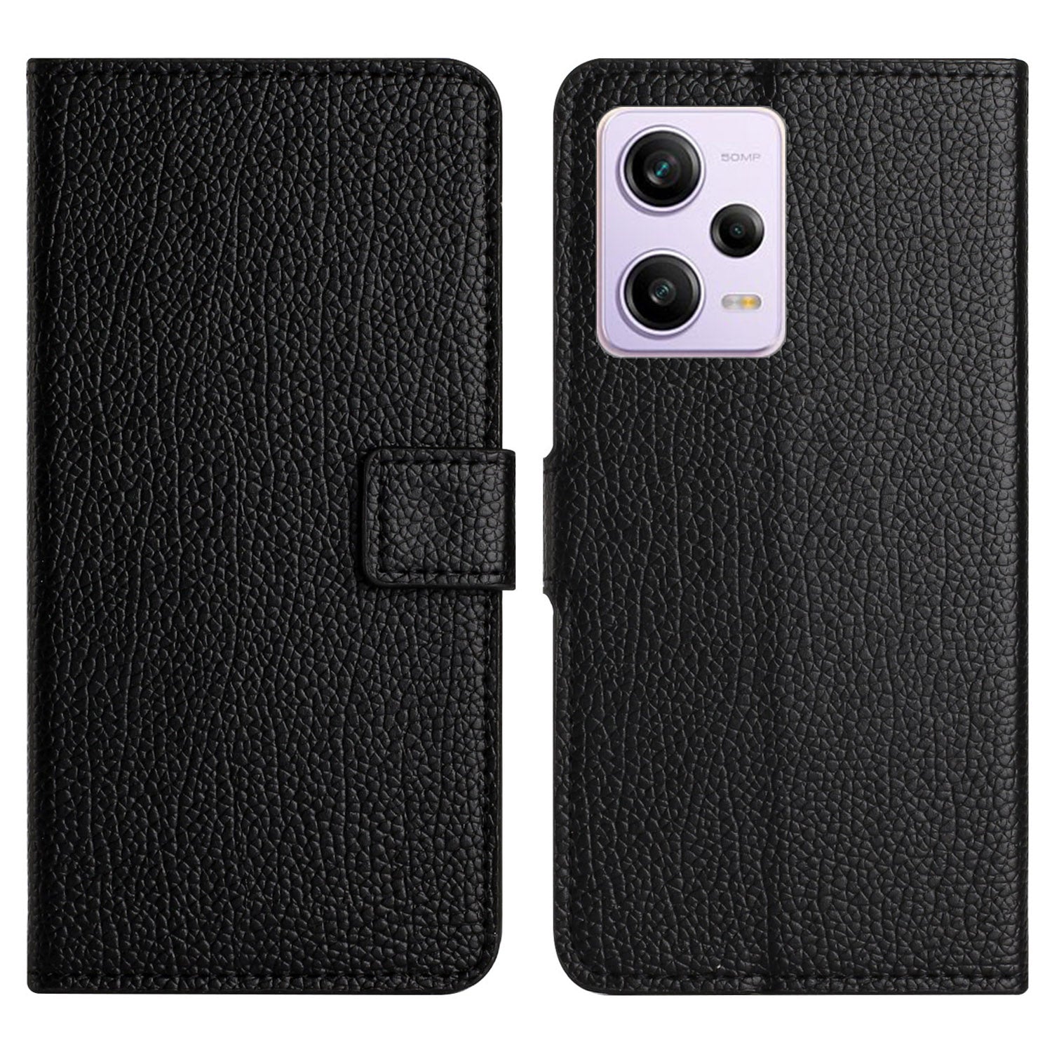 Full Protection Phone Case for Xiaomi Poco X5 5G/Redmi Note 12 5G (Global)/(India)/(China) Litchi Texture PU Leather Cell Phone Cover with Stand Wallet - Black