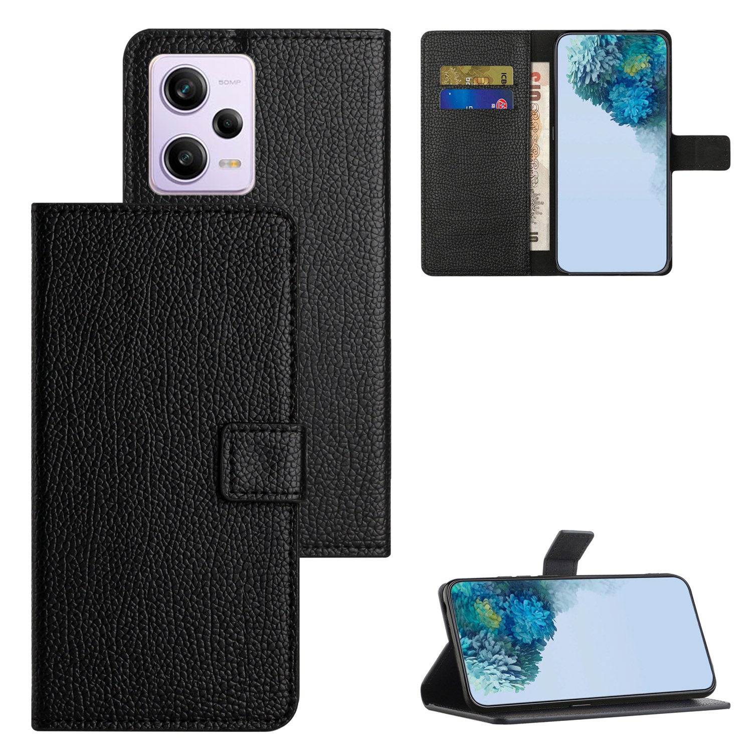Full Protection Phone Case for Xiaomi Poco X5 5G/Redmi Note 12 5G (Global)/(India)/(China) Litchi Texture PU Leather Cell Phone Cover with Stand Wallet - Black