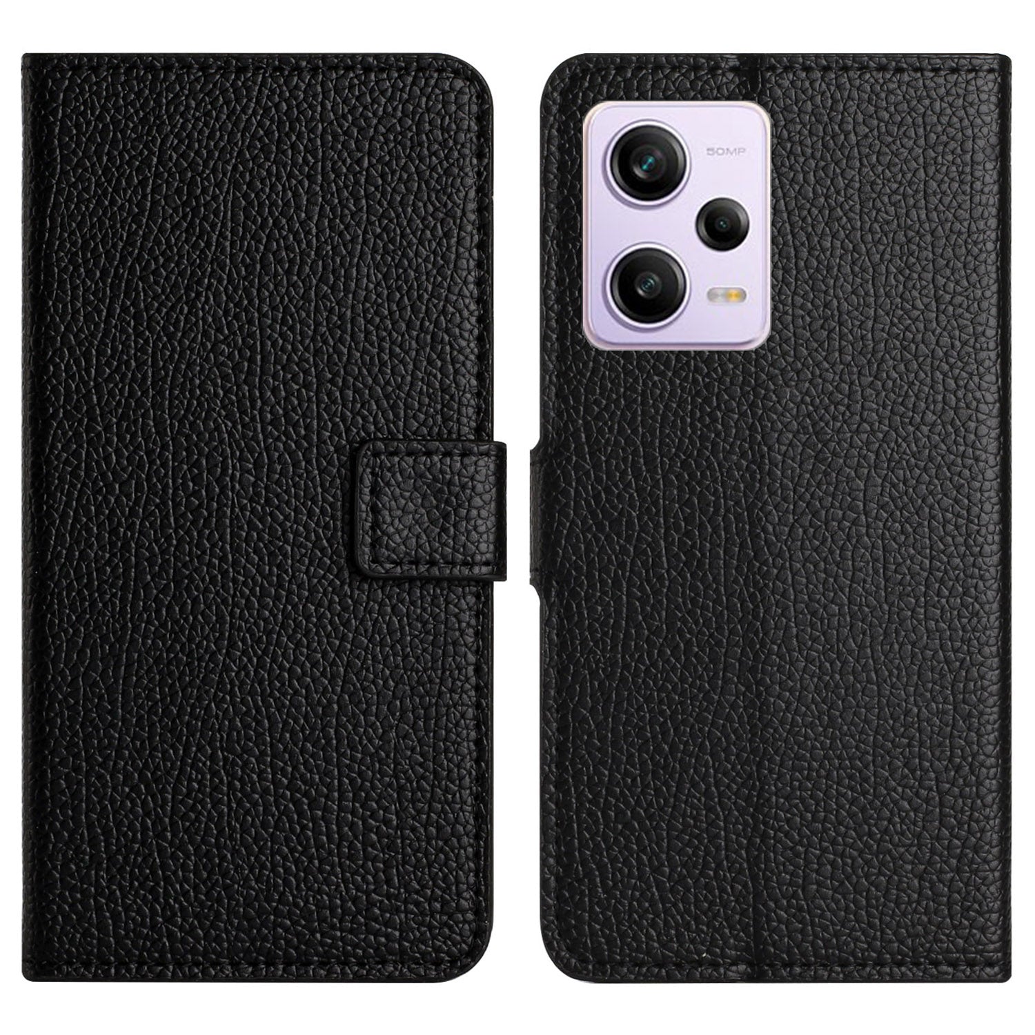 Shockproof Mobile Phone Cover For Xiaomi Redmi Note 12 Pro 5G Litchi Texture PU Leather Wallet Phone Case with Stand - Black