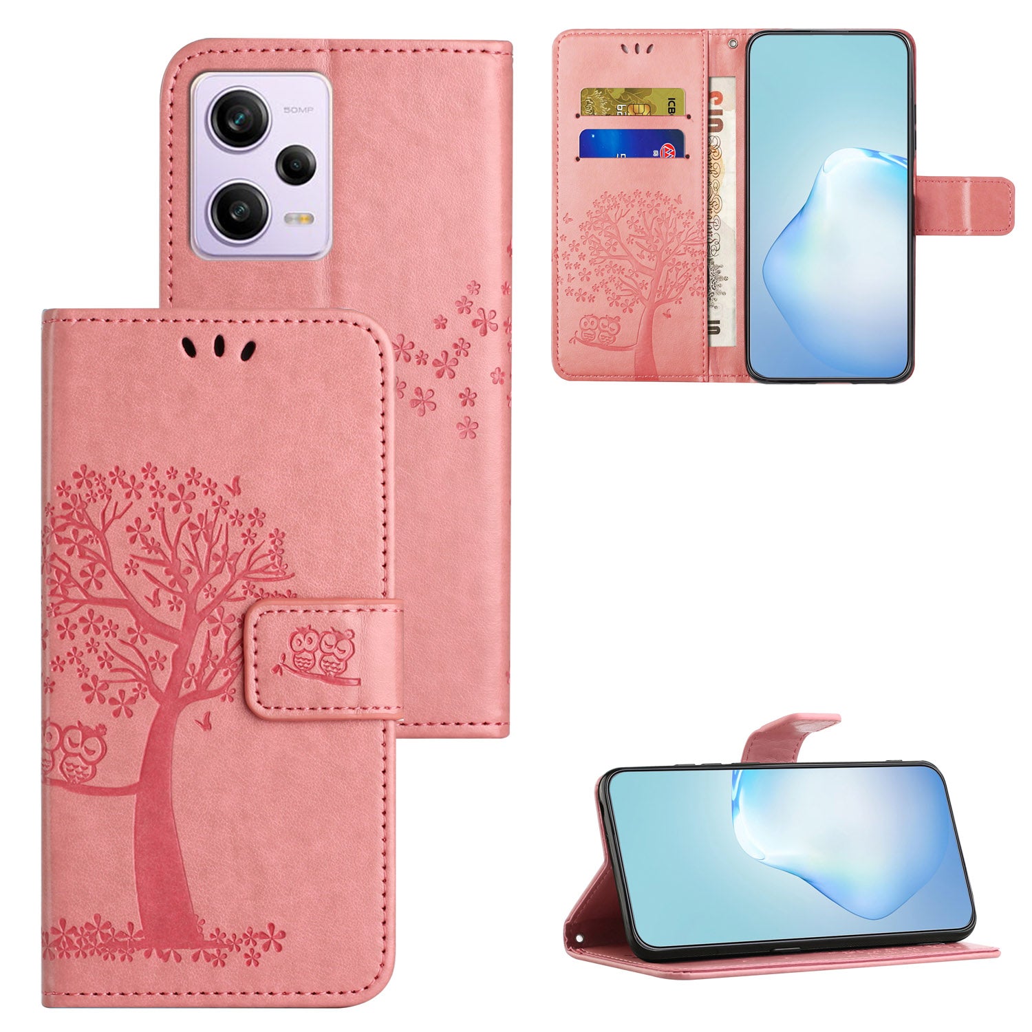 PU Leather Phone Case For Xiaomi Redmi Note 12 Pro 5G Imprinted Owl Tree Pattern Protective Phone Stand Wallet Cover