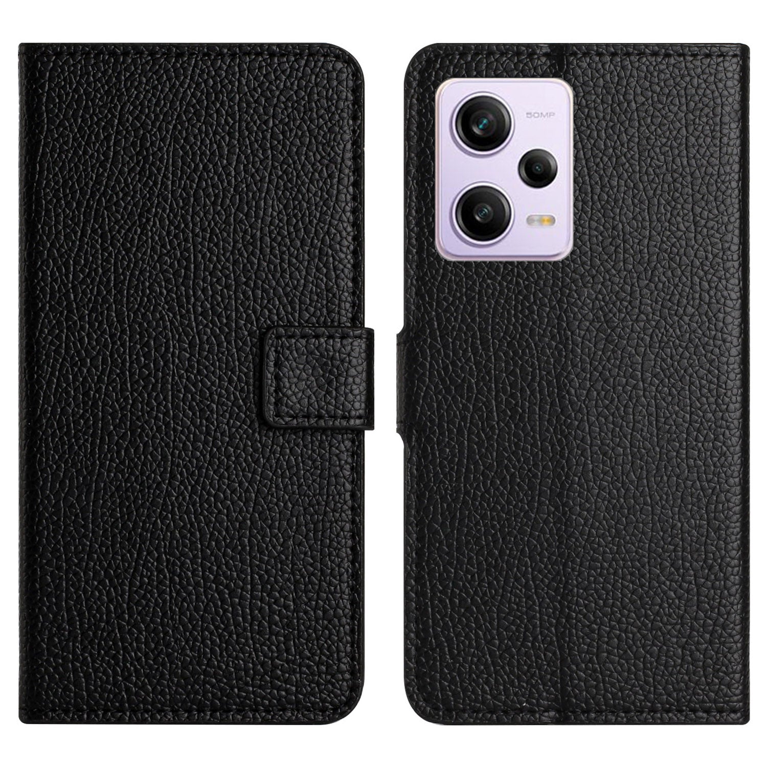 PU Leather Phone Case for Xiaomi Redmi Note 12 Pro 5G Litchi Texture Stand Wallet Cover - Black