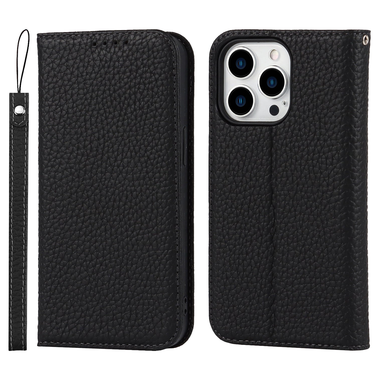 Full Protection Phone Case For iPhone 14 Pro Max Litchi Texture Genuine Leather Cell Phone Cover Wallet Stand