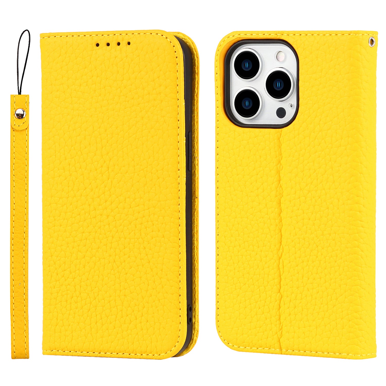 Full Protection Phone Case For iPhone 14 Pro Max, Litchi Texture Genuine Leather Cell Phone Cover Wallet Stand - Khaki