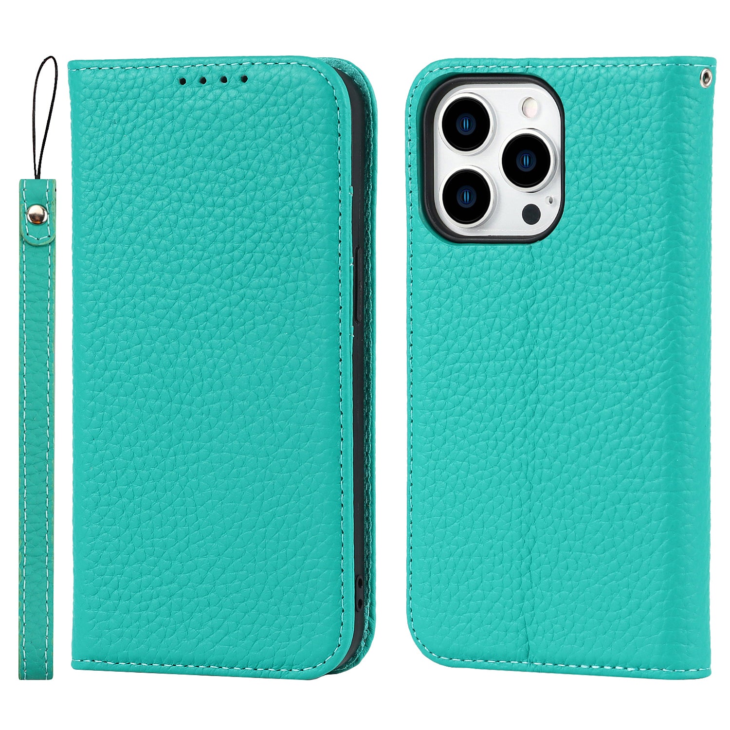 Full Protection Phone Case For iPhone 14 Pro Max, Litchi Texture Genuine Leather Cell Phone Cover Wallet Stand - Khaki