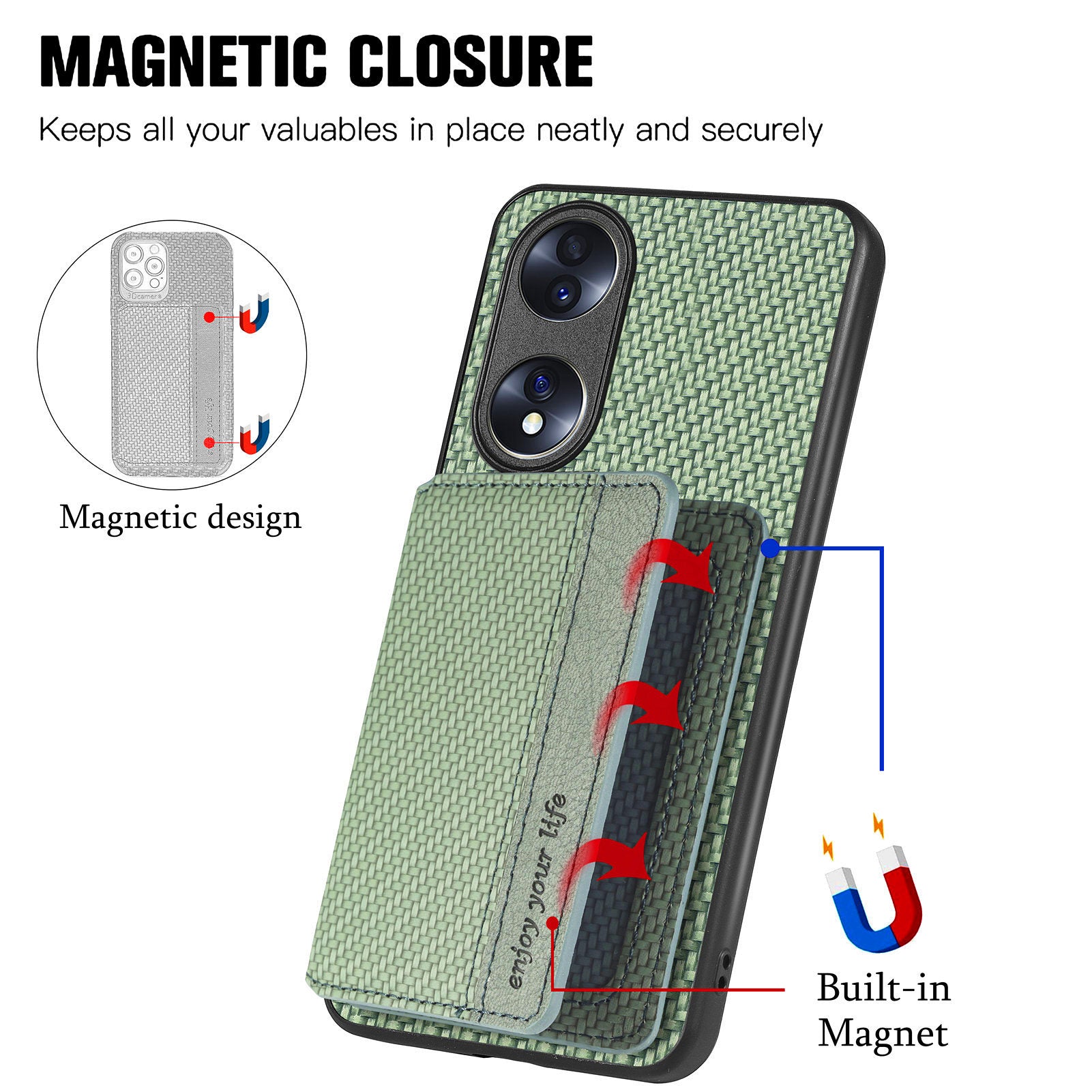 Protective Phone Case For Honor 70 5G Carbon Fiber Texture Magnetic Phone Cover with Wallet Kickstand