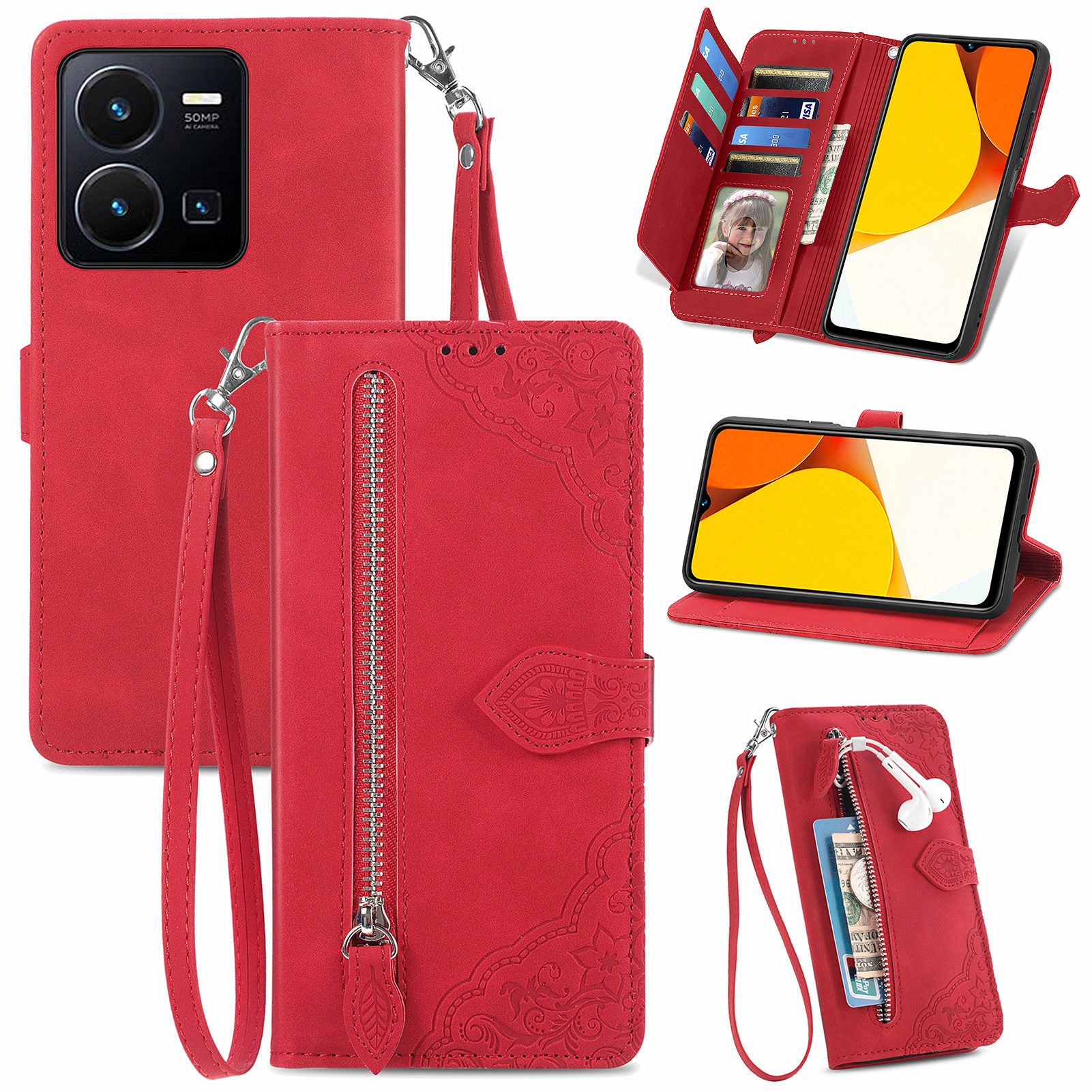 Full Protection Phone Cover For vivo Y35 4G (2022) Flower Imprinted Pattern PU Leather Zipper Pocket Phone Case with Wallet Stand