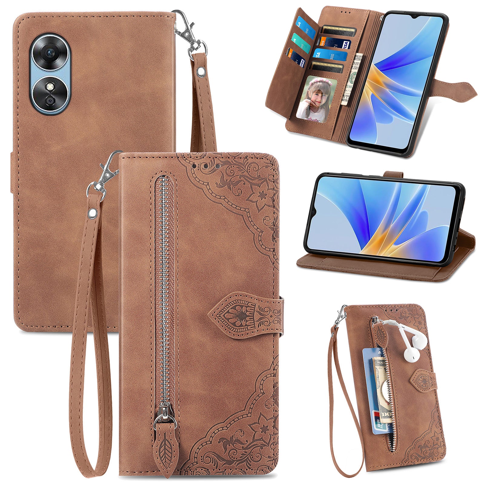 For Oppo A17 4G A17k 4G Shockproof Phone Cover Flower Imprinted PU Leather Protective Mobile Phone Case with Wallet Stand