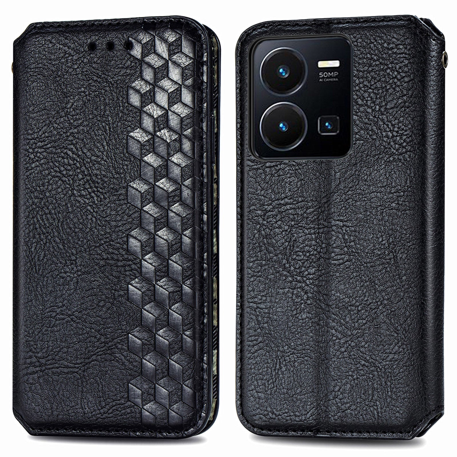 Cell Phone Cover For vivo Y35 4G (2022) Magnetic Imprinted Rhombus PU Leather Phone Case with Stand Wallet