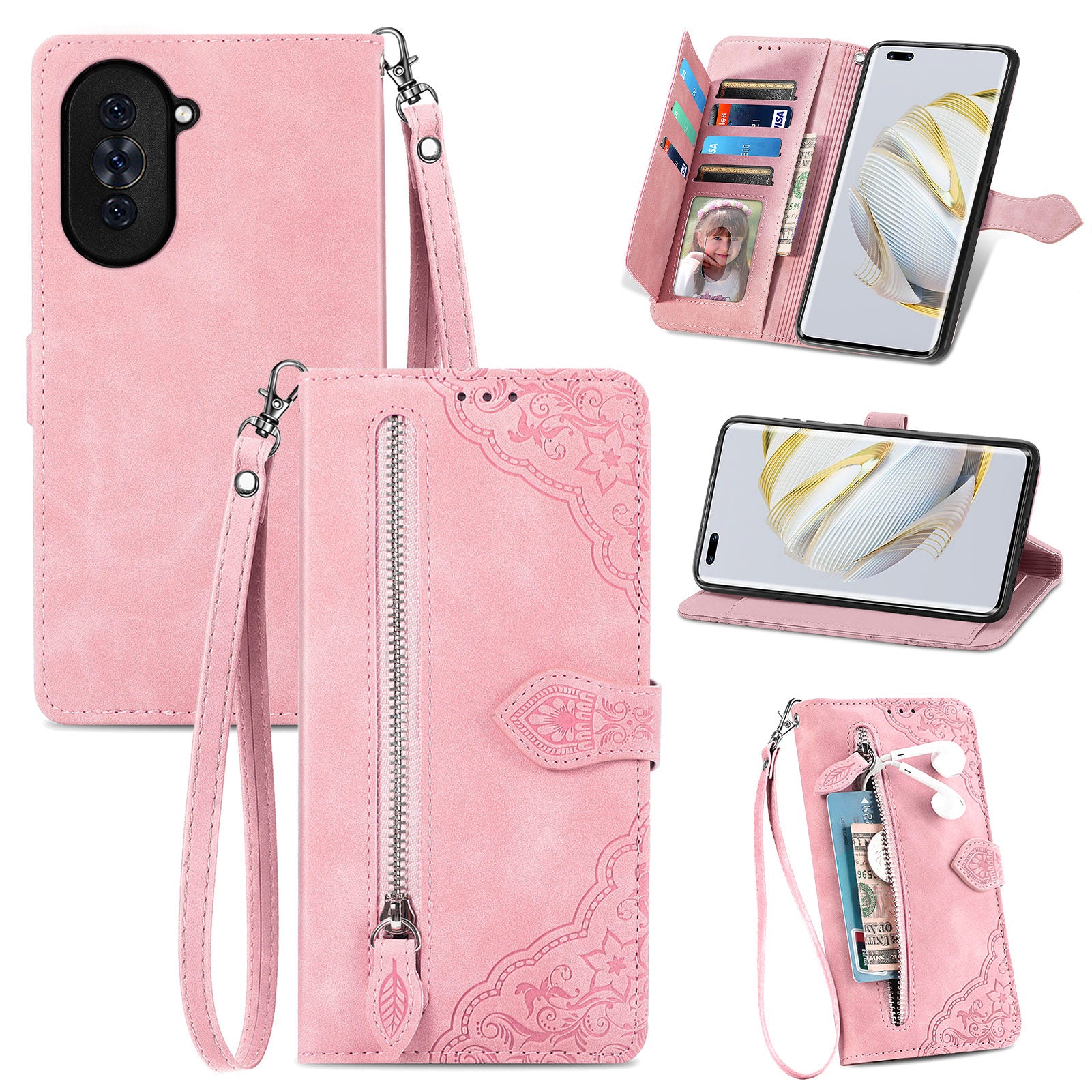 For Huawei nova 10 Pro 4G Flower Imprinted Pattern PU Leather Cell Phone Cover Zipper Pocket Design Stand Wallet Case
