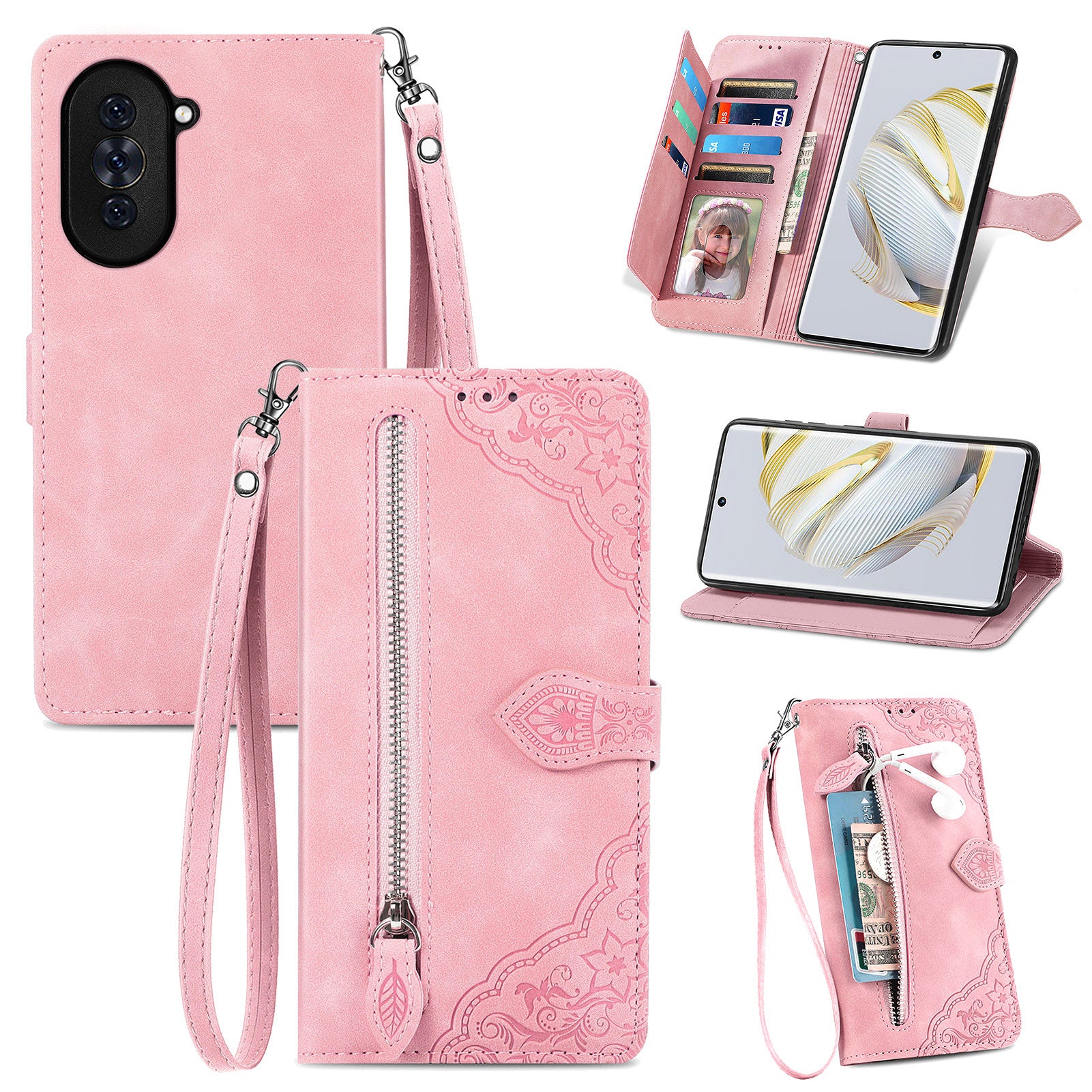 For Huawei nova 10 4G Flower Imprinted Pattern PU Leather Cell Phone Cover Stand Wallet Case with Zipper Pocket Design