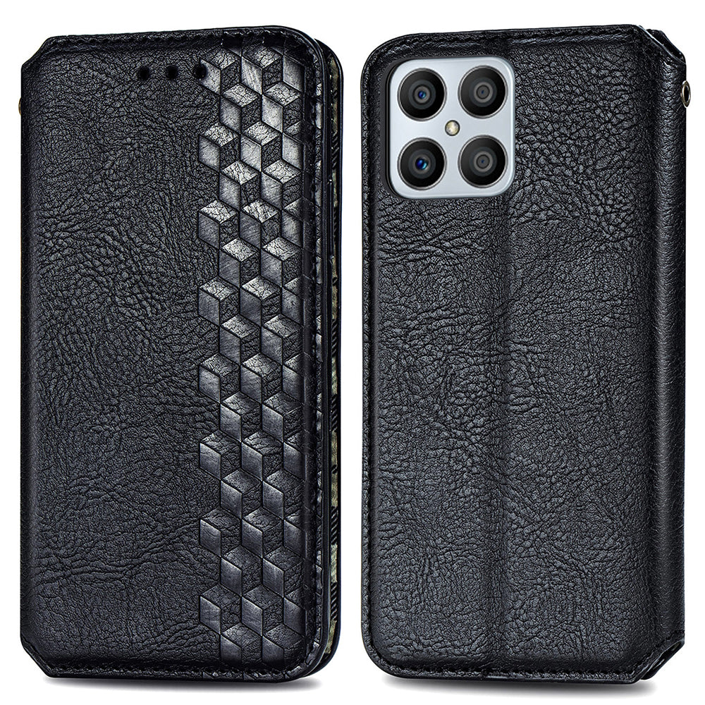 For Honor X8 4G Drop-proof Phone Case Imprinting Rhombus Magnetic Phone Flip Leather Cover Wallet Stand