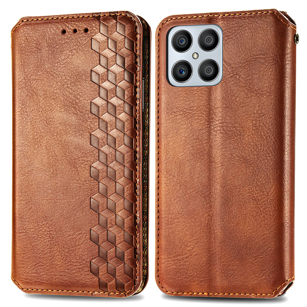 For Honor X8 4G Drop-proof Phone Case Imprinting Rhombus Magnetic Phone Flip Leather Cover Wallet Stand