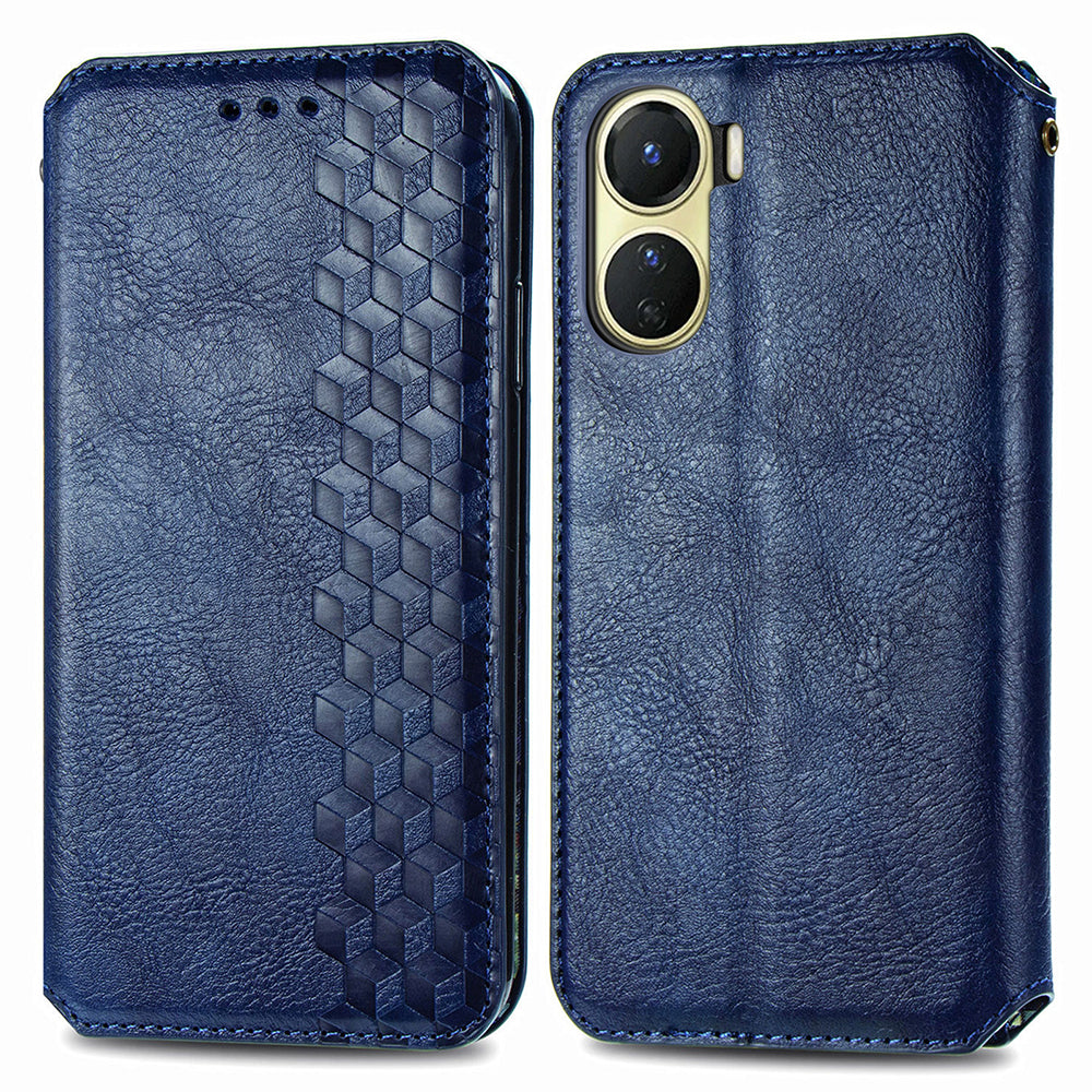 PU Leather Phone Case For vivo Y16 4G Wallet Stand Imprinting Rhombus Magnetic Anti-shock Phone Cover