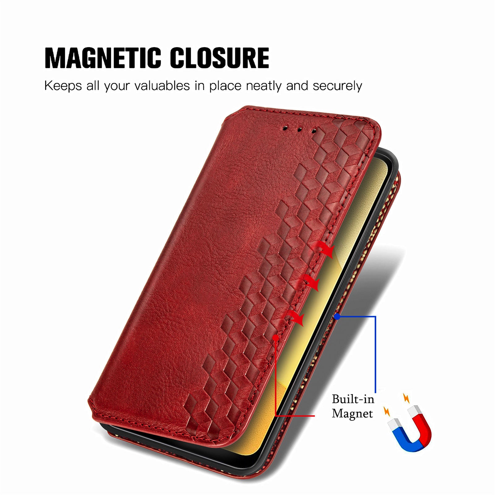 PU Leather Phone Case For vivo Y16 4G Wallet Stand Imprinting Rhombus Magnetic Anti-shock Phone Cover