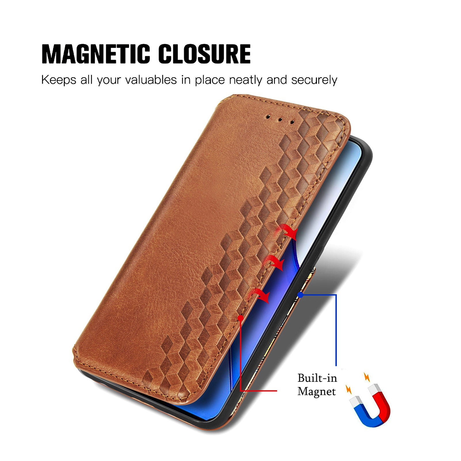 For Oppo Reno8 Pro 5G (Global Version) Imprinting Rhombus Magnetic Auto-Absorbed Flip Leather Phone Protective Case Stand Wallet Anti-collision Cover