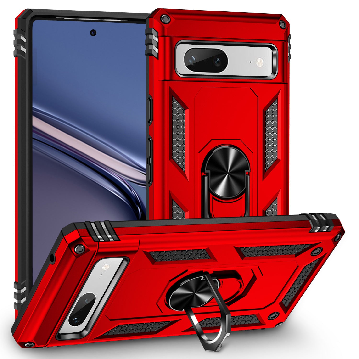 Back Protector Phone Case for Google Pixel 7a Military Grade Anti-drop PC TPU Protective Cover with Ring Kickstand