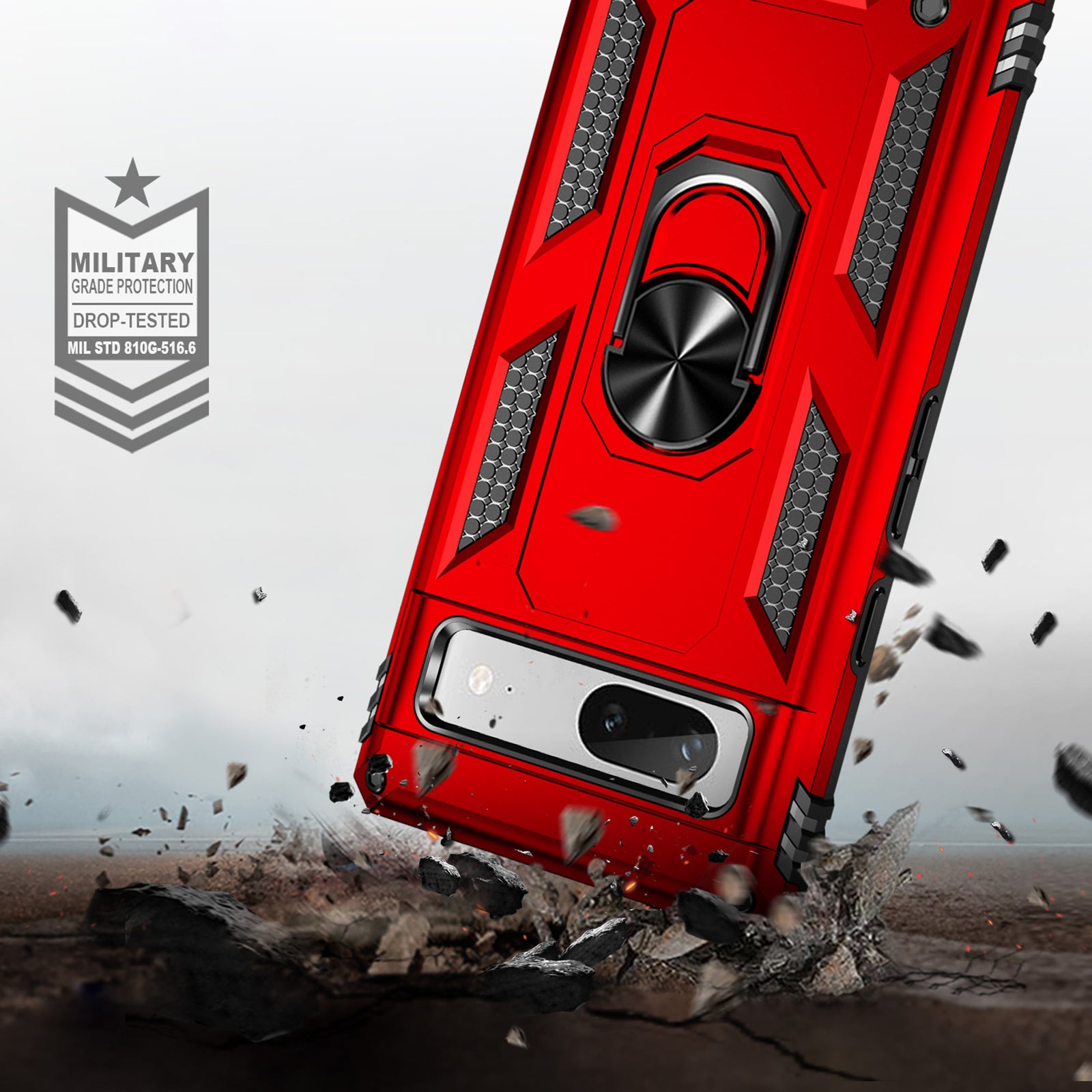 Back Protector Phone Case for Google Pixel 7a Military Grade Anti-drop PC TPU Protective Cover with Ring Kickstand