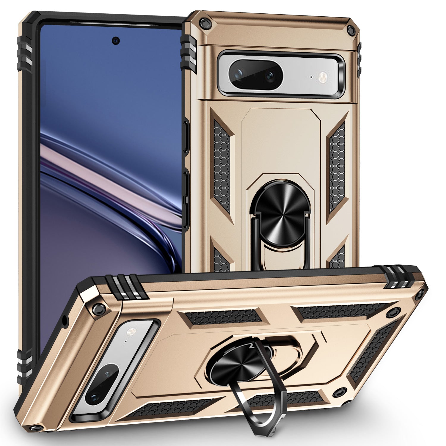Back Protector Phone Case for Google Pixel 7a Military Grade Anti-drop PC TPU Protective Cover with Ring Kickstand