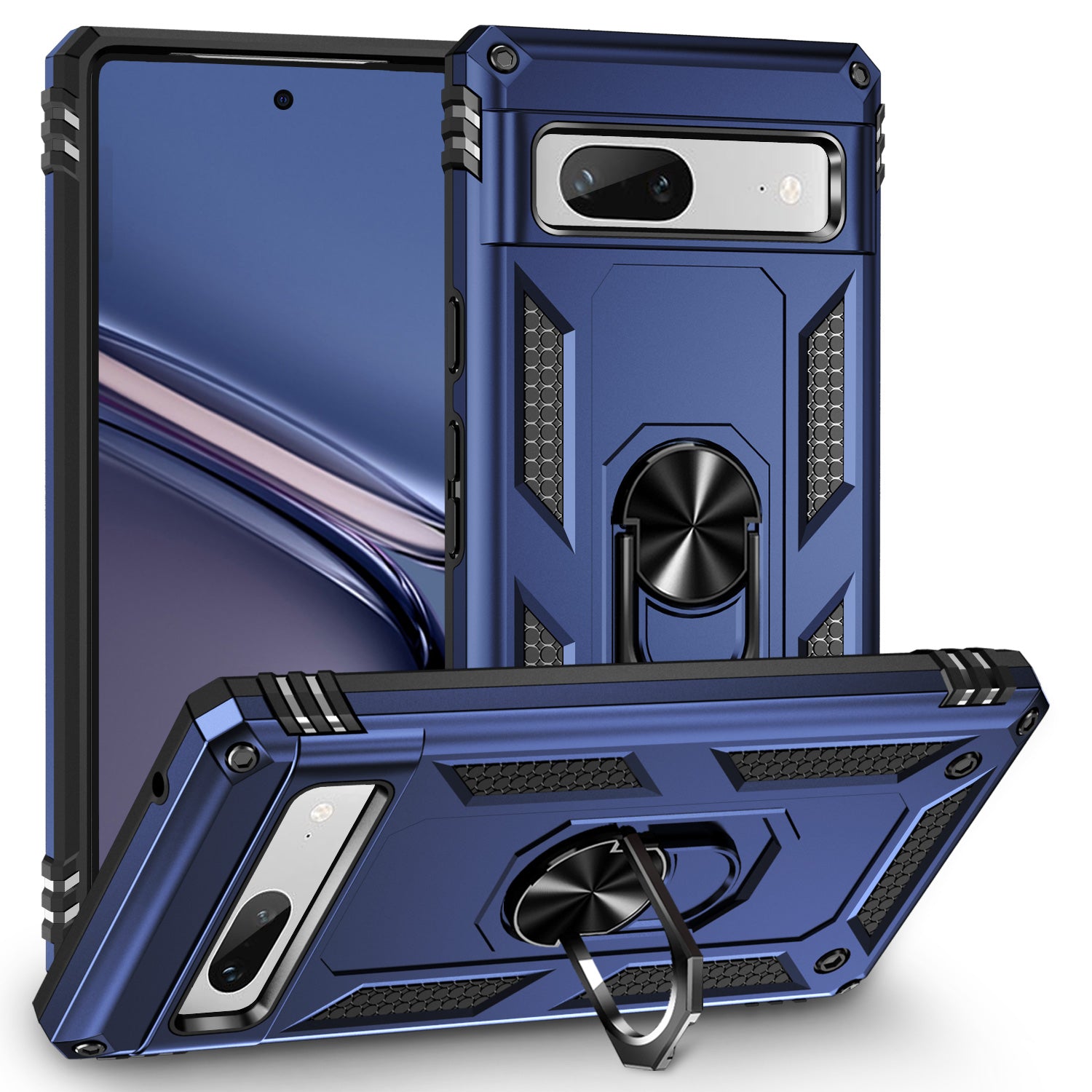 Back Protector Phone Case for Google Pixel 7a Military Grade Anti-drop PC TPU Protective Cover with Ring Kickstand