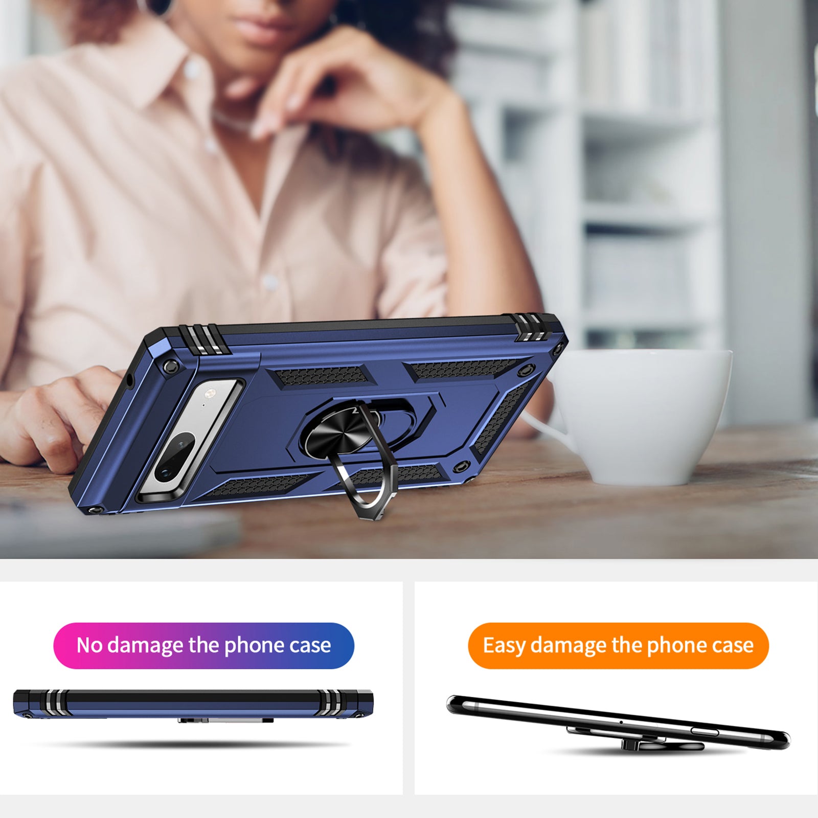 Back Protector Phone Case for Google Pixel 7a Military Grade Anti-drop PC TPU Protective Cover with Ring Kickstand