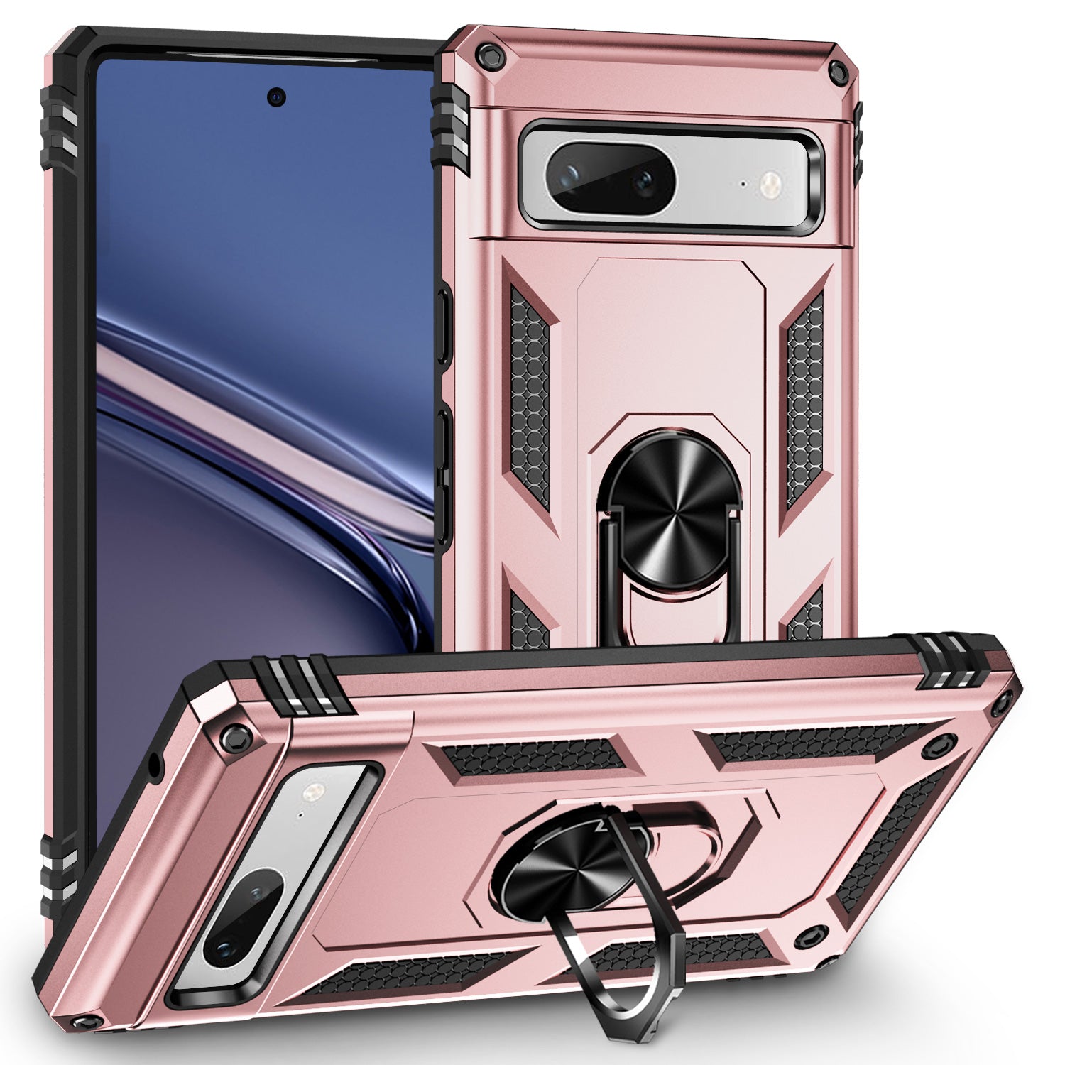 Back Protector Phone Case for Google Pixel 7a Military Grade Anti-drop PC TPU Protective Cover with Ring Kickstand