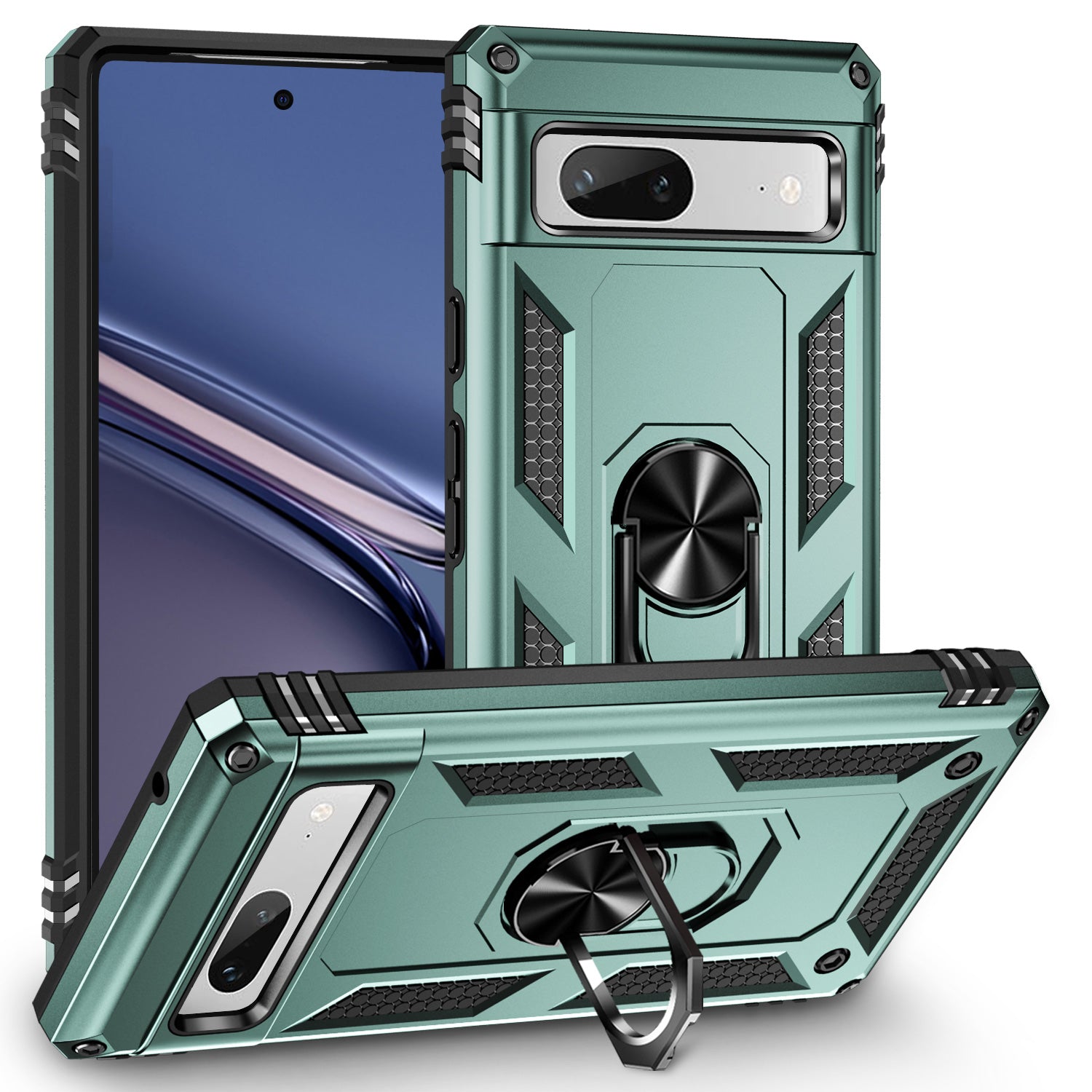 Back Protector Phone Case for Google Pixel 7a Military Grade Anti-drop PC TPU Protective Cover with Ring Kickstand