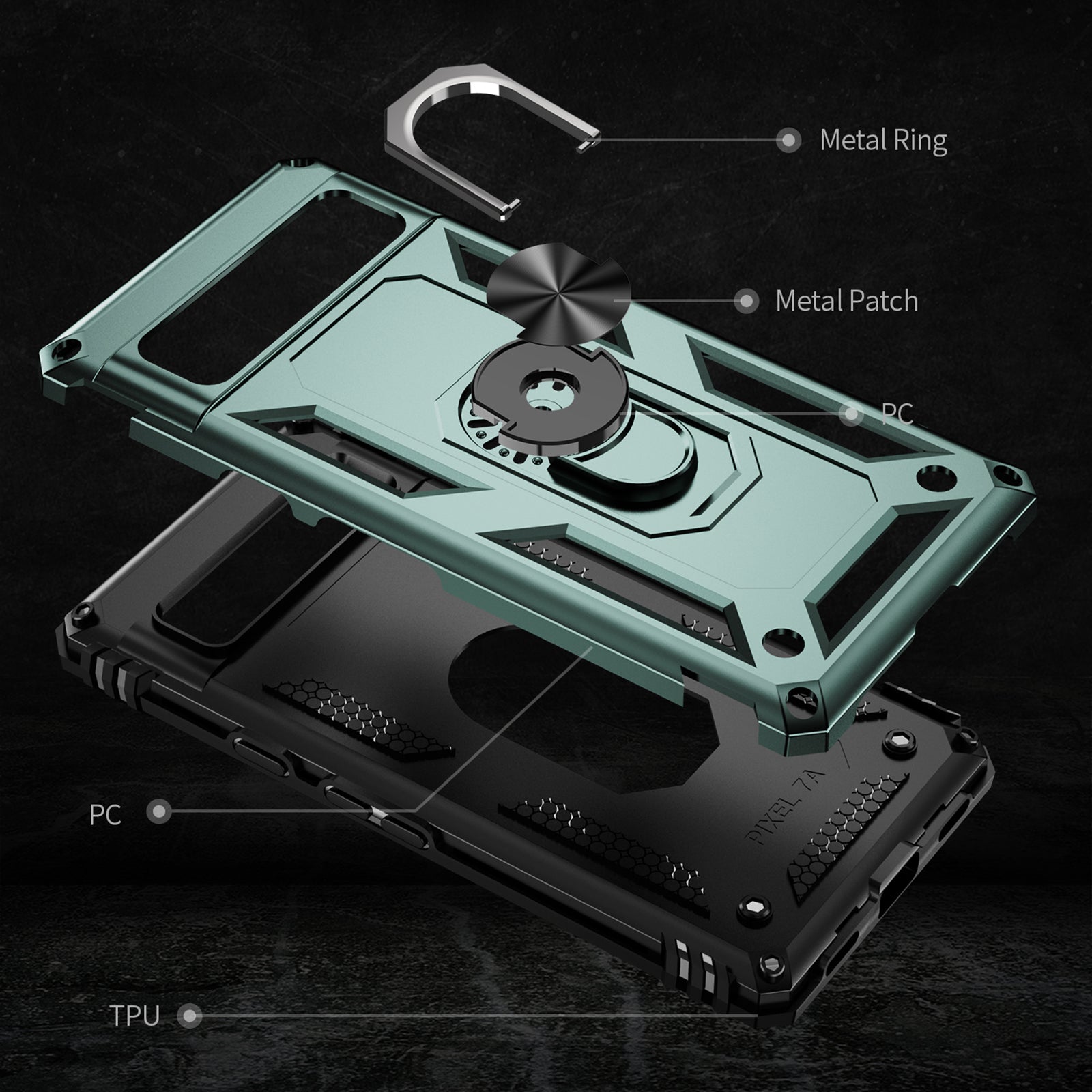 Back Protector Phone Case for Google Pixel 7a Military Grade Anti-drop PC TPU Protective Cover with Ring Kickstand