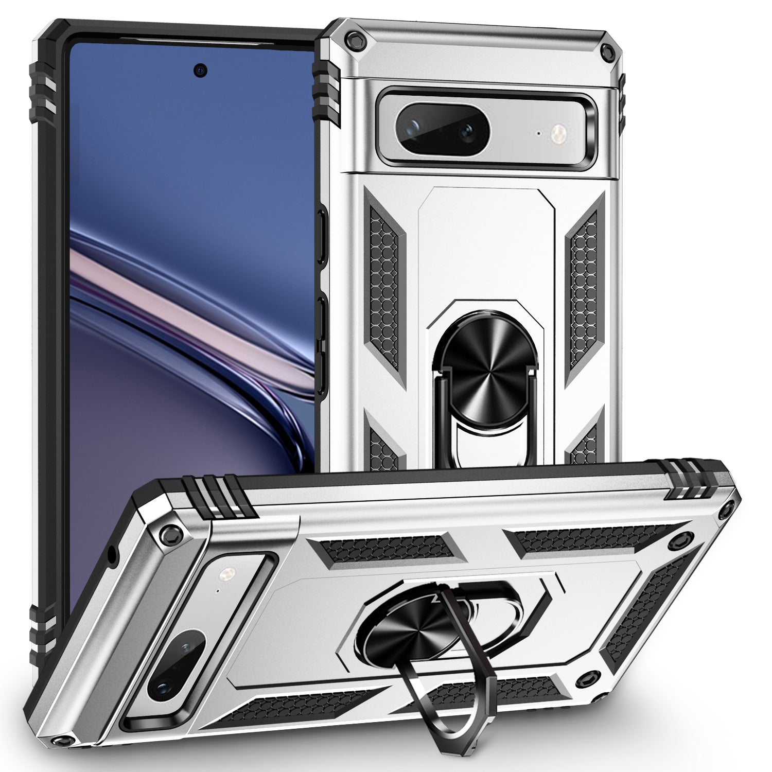 Back Protector Phone Case for Google Pixel 7a Military Grade Anti-drop PC TPU Protective Cover with Ring Kickstand