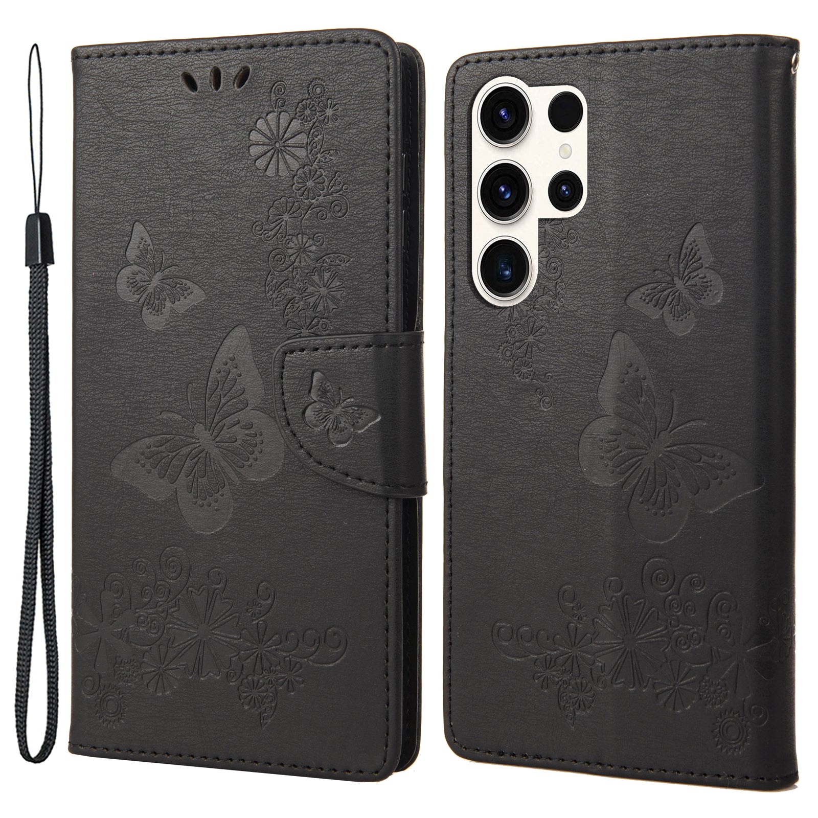Anti-drop Phone Cover for Samsung Galaxy S23 Ultra PU Leather Phone Case Wallet Butterflies Flower Imprinting Shell with Stand