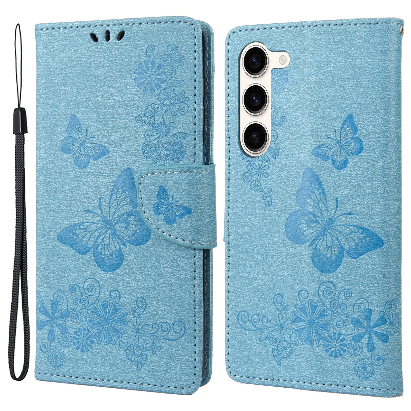 Shockproof Mobile Phone Case for Samsung Galaxy S23 Butterflies Flower Imprinting PU Leather Phone Cover with Wallet Stand