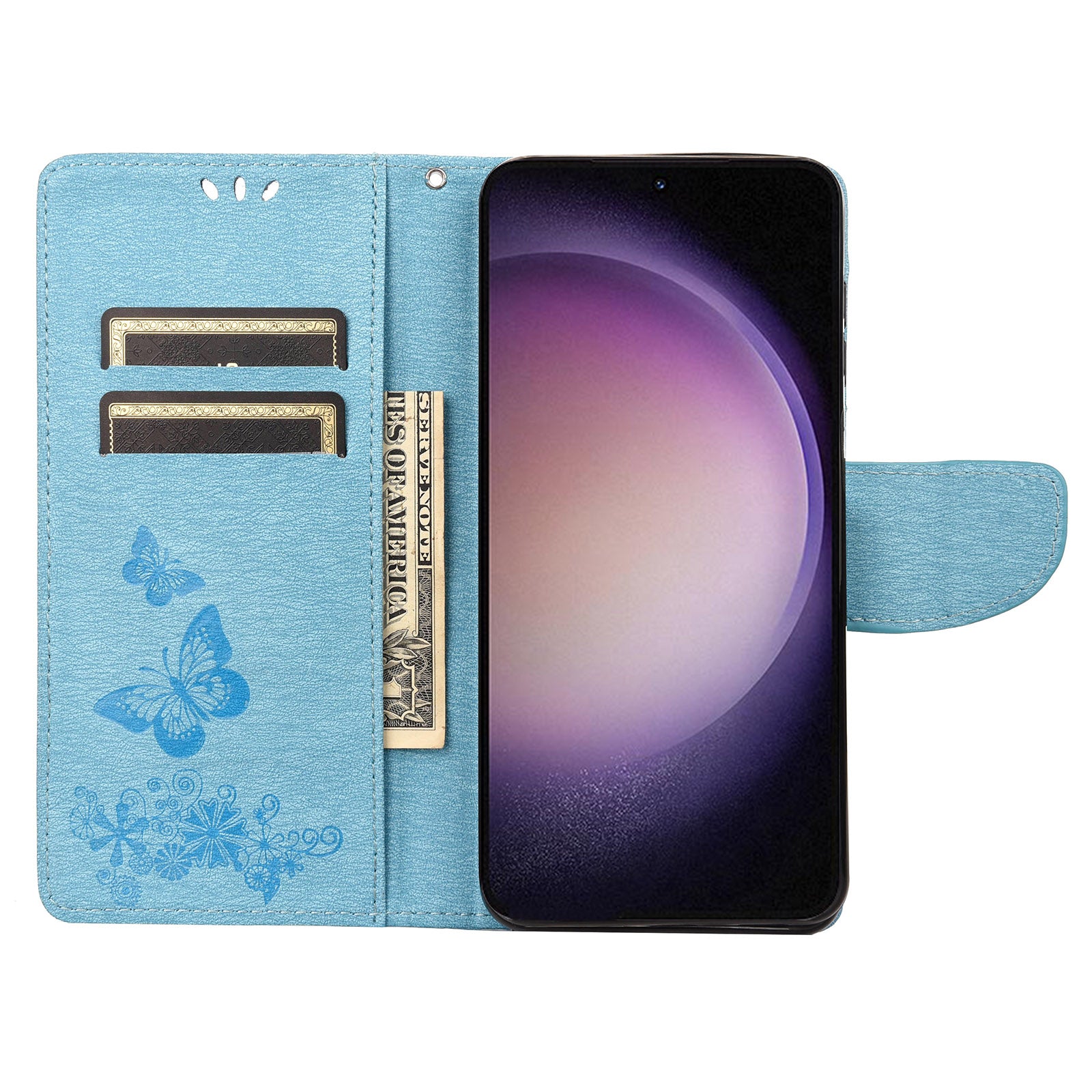 Shockproof Mobile Phone Case for Samsung Galaxy S23 Butterflies Flower Imprinting PU Leather Phone Cover with Wallet Stand