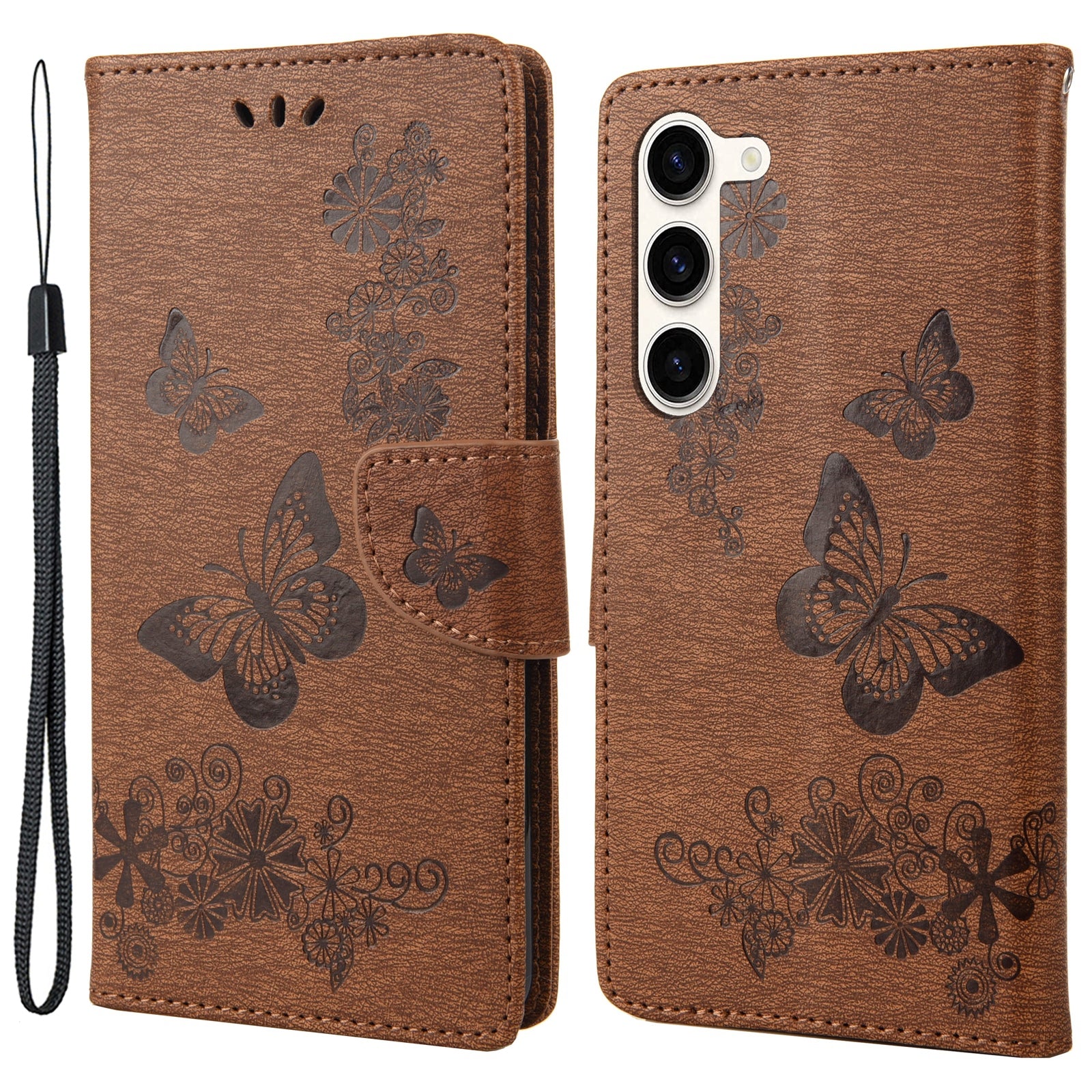 Shockproof Mobile Phone Case for Samsung Galaxy S23 Butterflies Flower Imprinting PU Leather Phone Cover with Wallet Stand