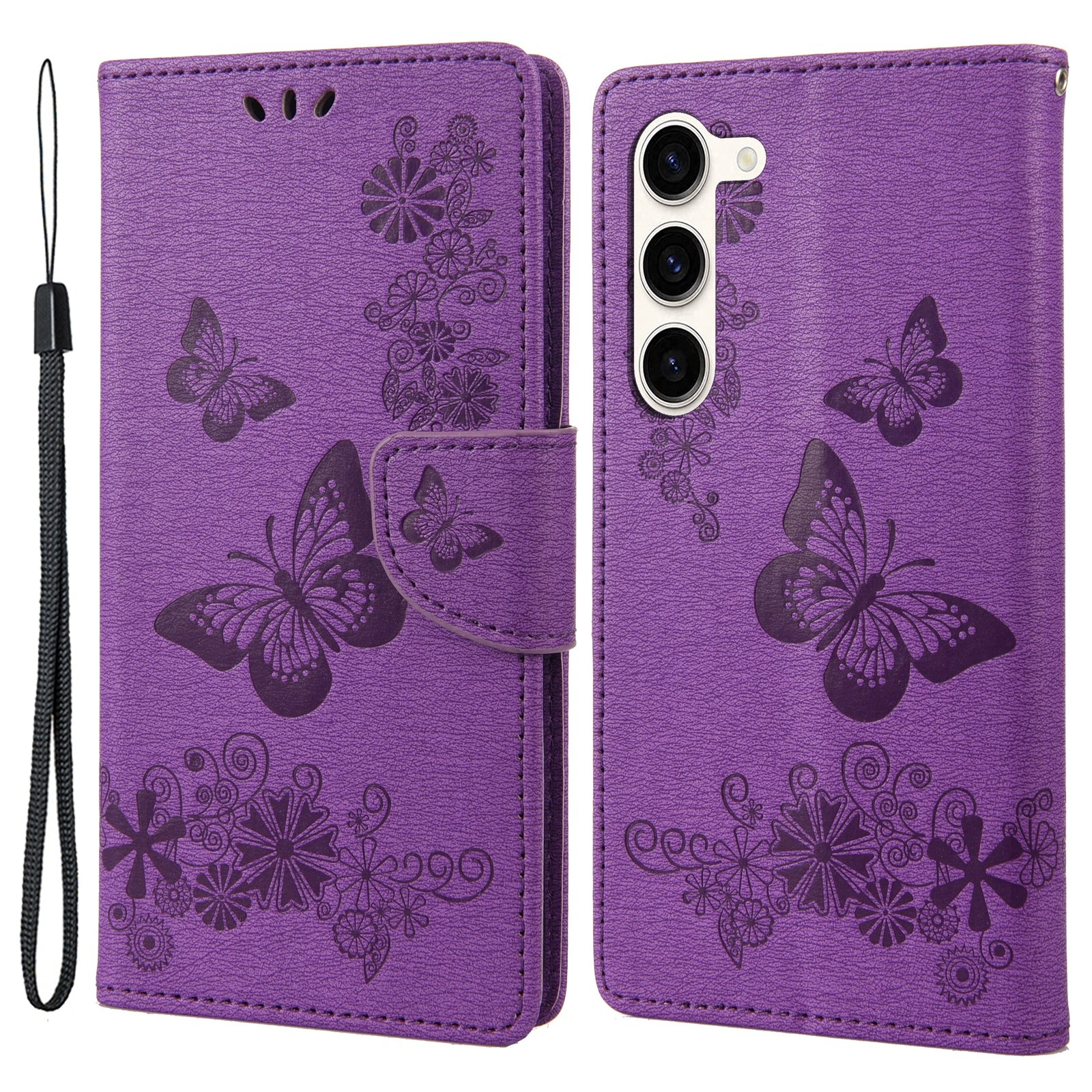 Shockproof Mobile Phone Case for Samsung Galaxy S23 Butterflies Flower Imprinting PU Leather Phone Cover with Wallet Stand