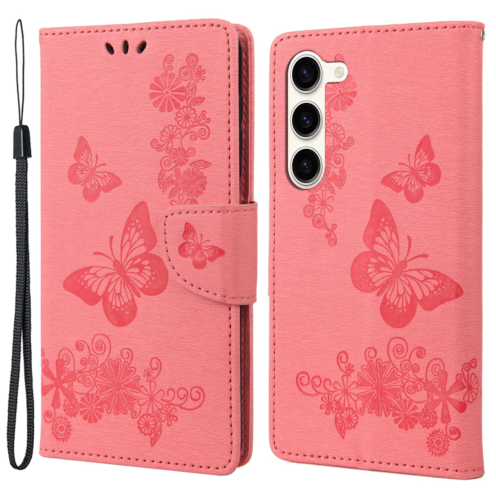 Shockproof Mobile Phone Case for Samsung Galaxy S23 Butterflies Flower Imprinting PU Leather Phone Cover with Wallet Stand