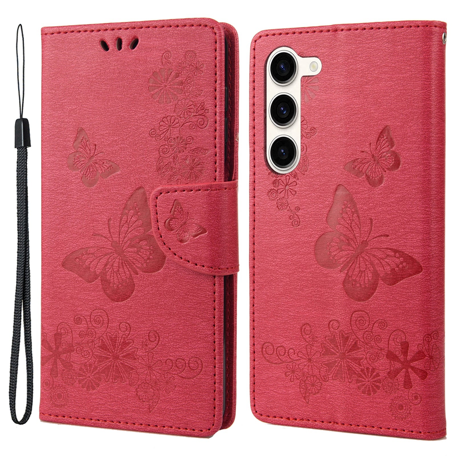 Shockproof Mobile Phone Case for Samsung Galaxy S23 Butterflies Flower Imprinting PU Leather Phone Cover with Wallet Stand