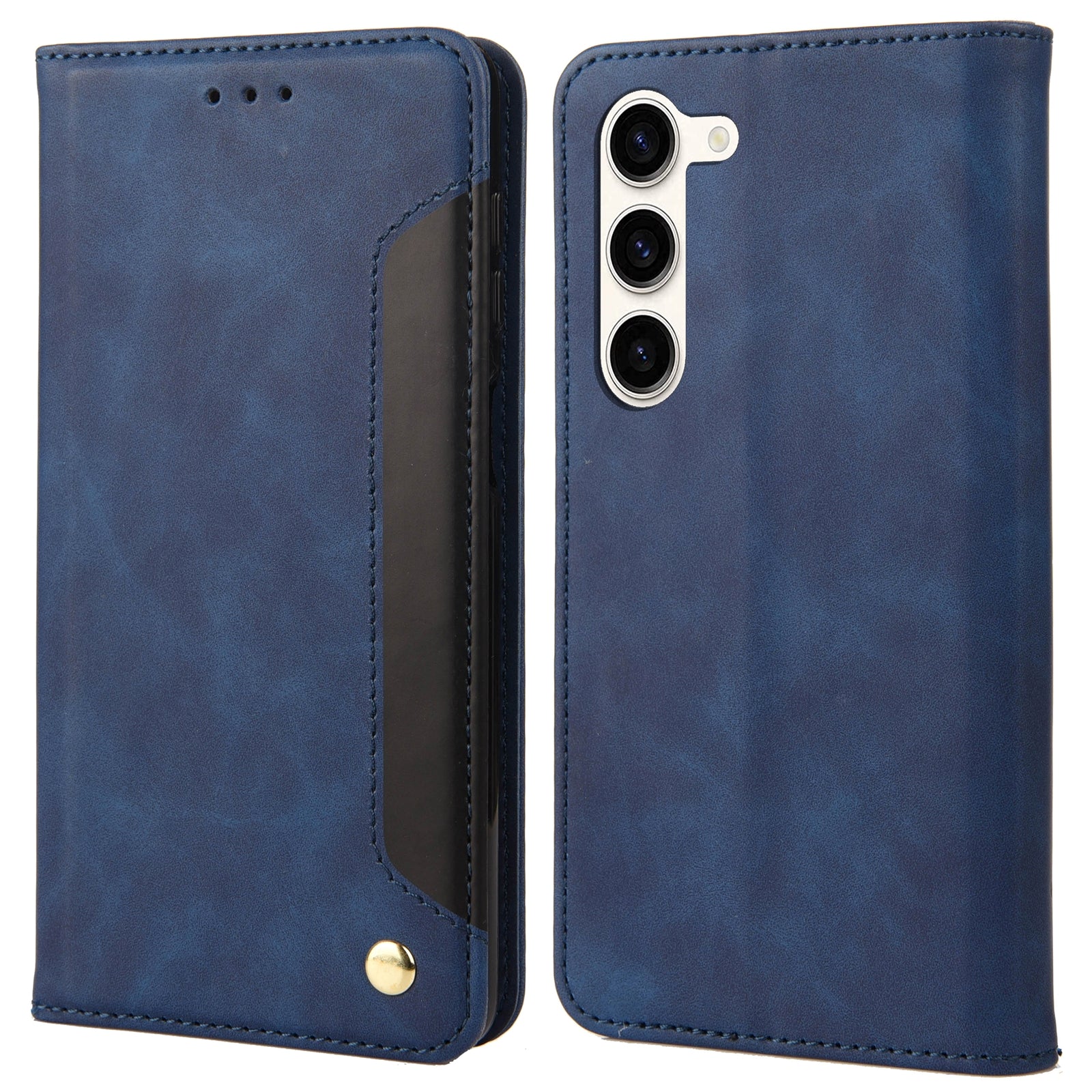 For Samsung Galaxy S23 Drop-proof Phone Case Skin-friendly PU Leather Magnetic Color Splicing Stand Flip Wallet Cover