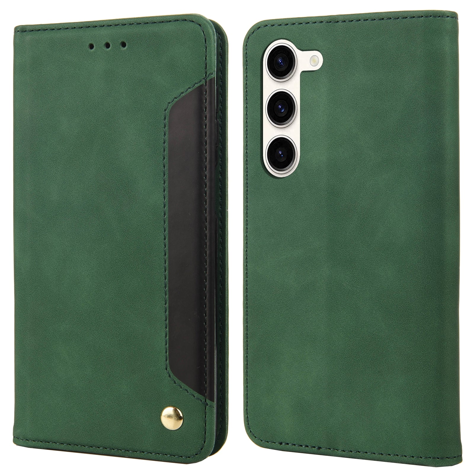 For Samsung Galaxy S23 Drop-proof Phone Case Skin-friendly PU Leather Magnetic Color Splicing Stand Flip Wallet Cover