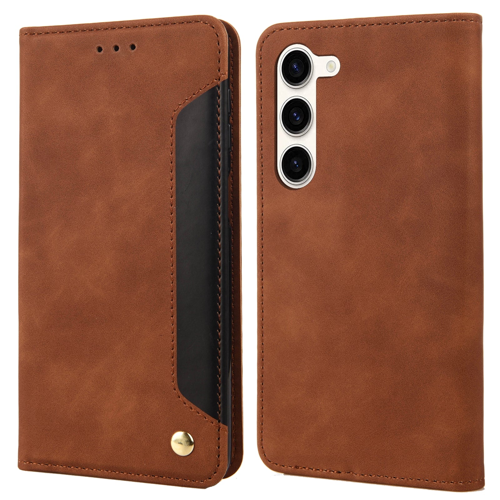 For Samsung Galaxy S23 Drop-proof Phone Case Skin-friendly PU Leather Magnetic Color Splicing Stand Flip Wallet Cover