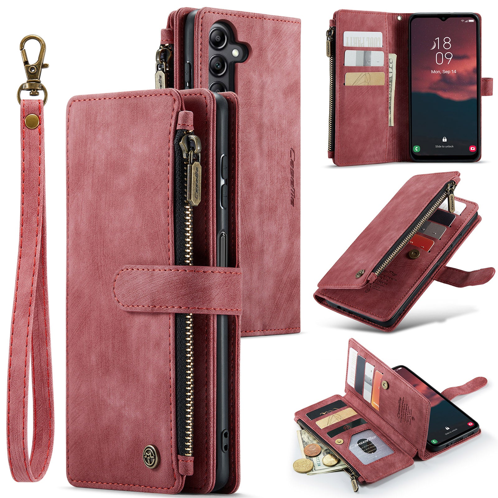 CASEME C30 Series Anti-drop PU Leather Phone Case for Samsung Galaxy A14 5G Zipper Pocket Wallet Stand Phone Cover with Multiple Card Slots