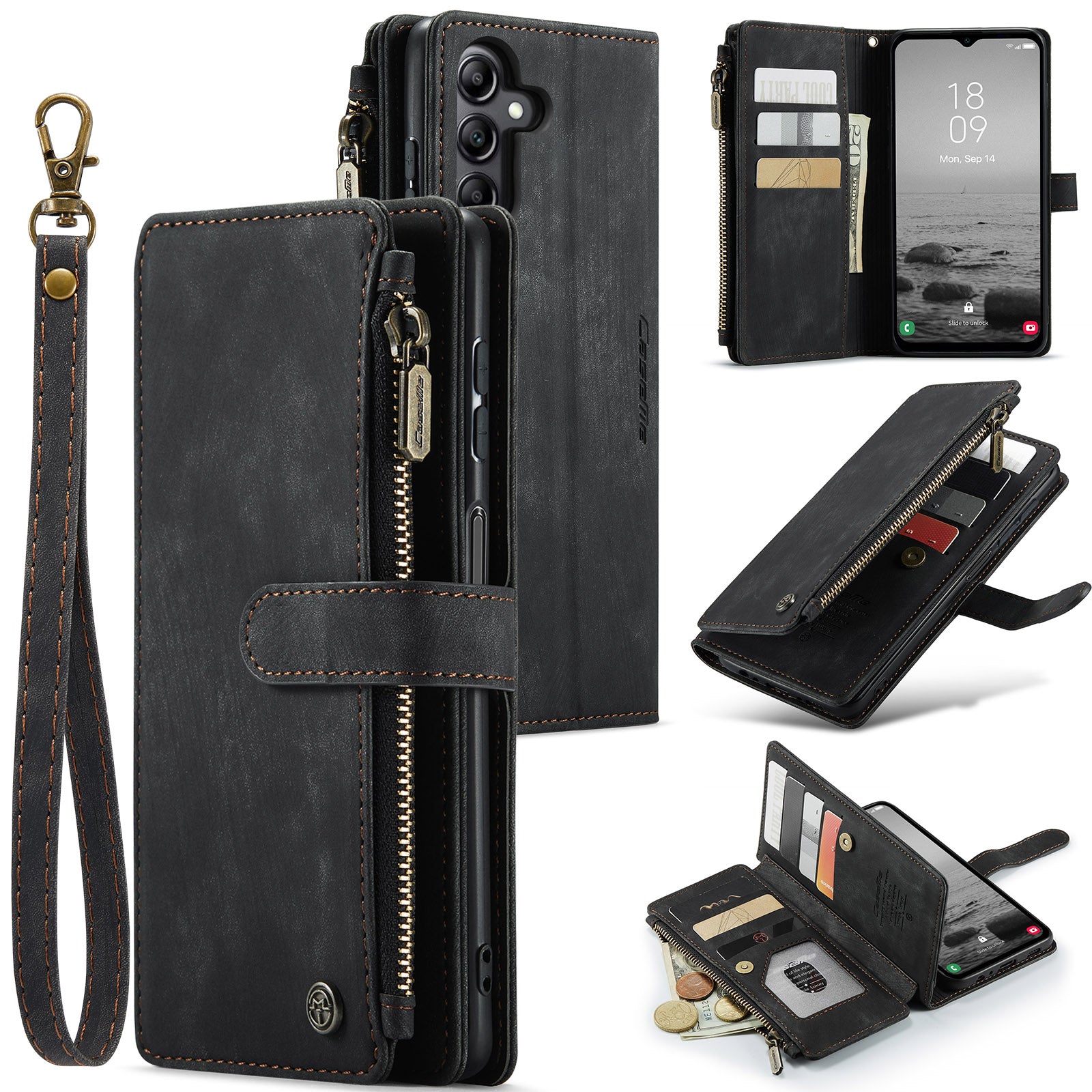 CASEME C30 Series Anti-drop PU Leather Phone Case for Samsung Galaxy A14 5G Zipper Pocket Wallet Stand Phone Cover with Multiple Card Slots