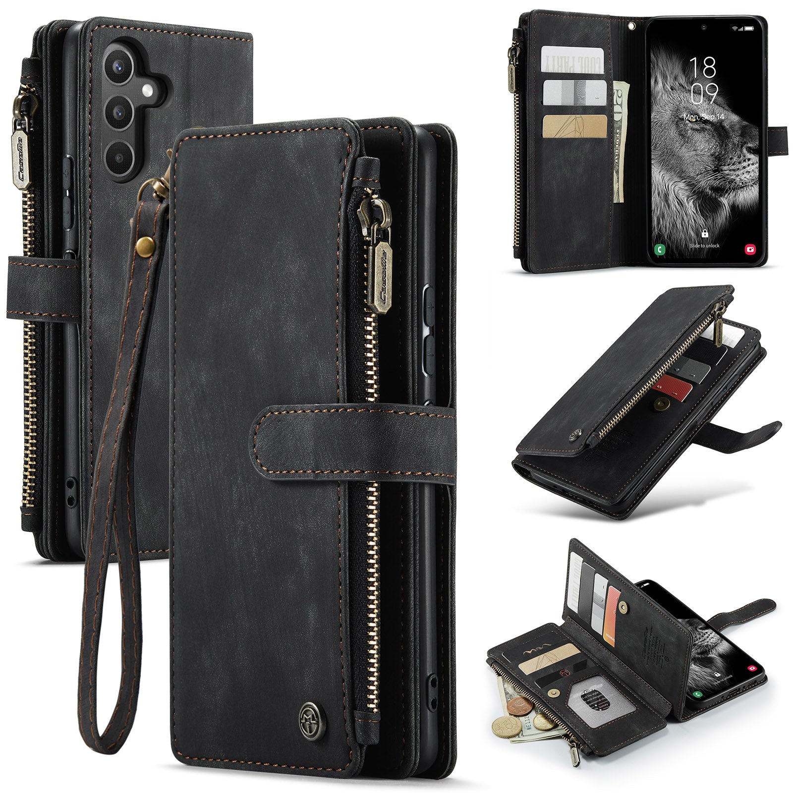CASEME C30 Series Shockproof Phone Case for Samsung Galaxy A34 5G Zipper Pocket PU Leather Cell Phone Cover Wallet Stand