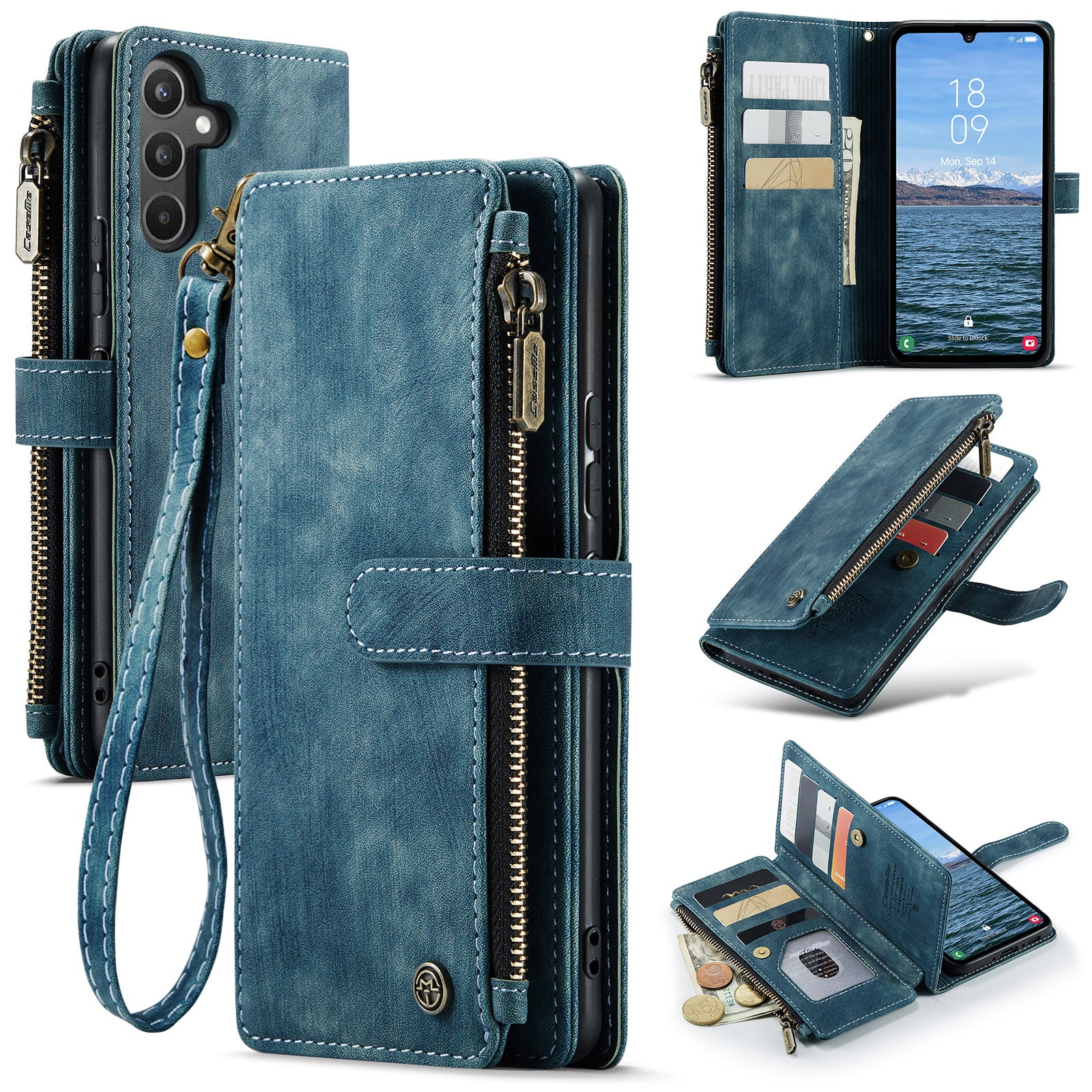 CASEME C30 Series Shockproof Phone Case for Samsung Galaxy A34 5G Zipper Pocket PU Leather Cell Phone Cover Wallet Stand