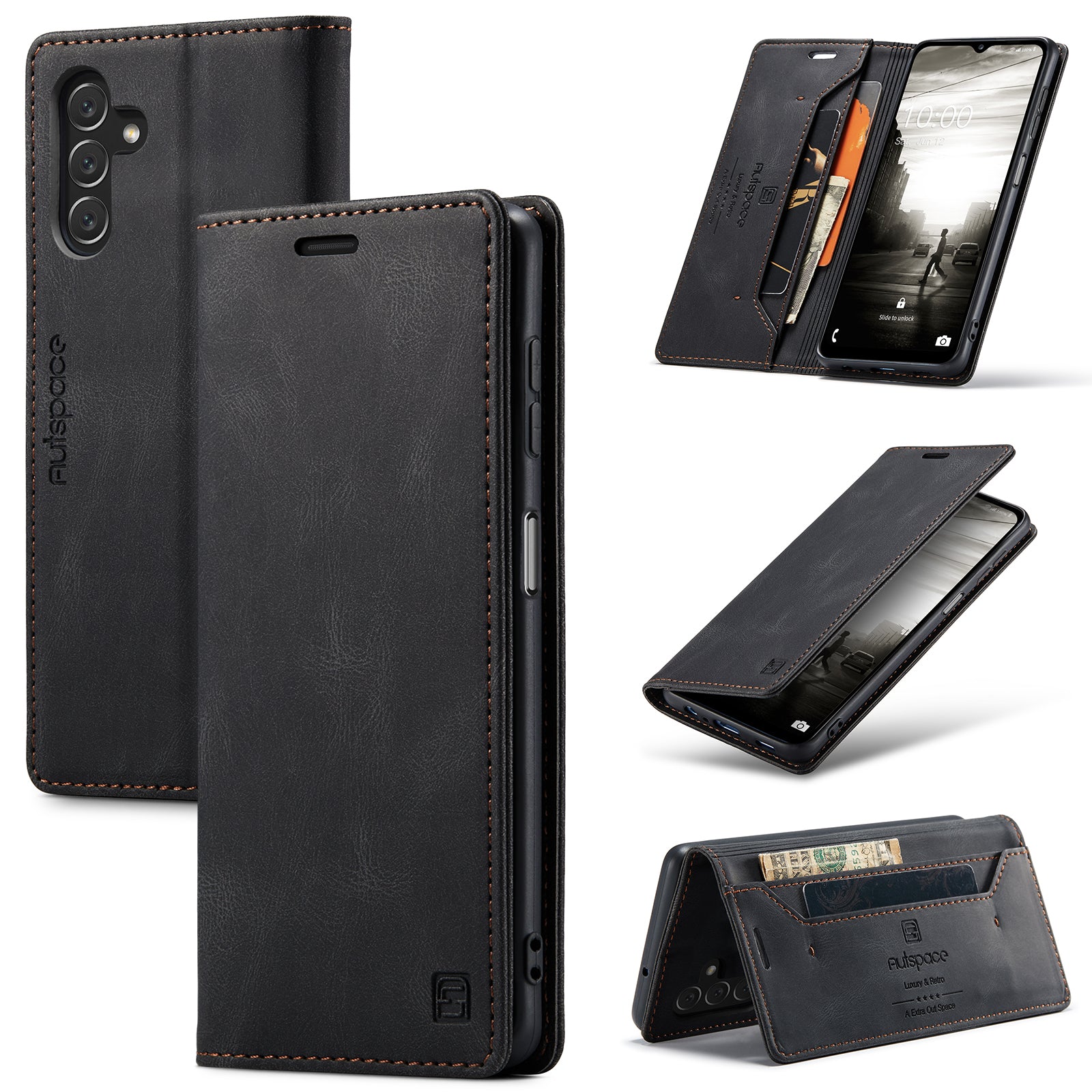 AUTSPACE A01 Series Flip Leather Case for Samsung Galaxy A14 5G RFID Blocking Phone Case Stand Retro Wallet Phone Cover