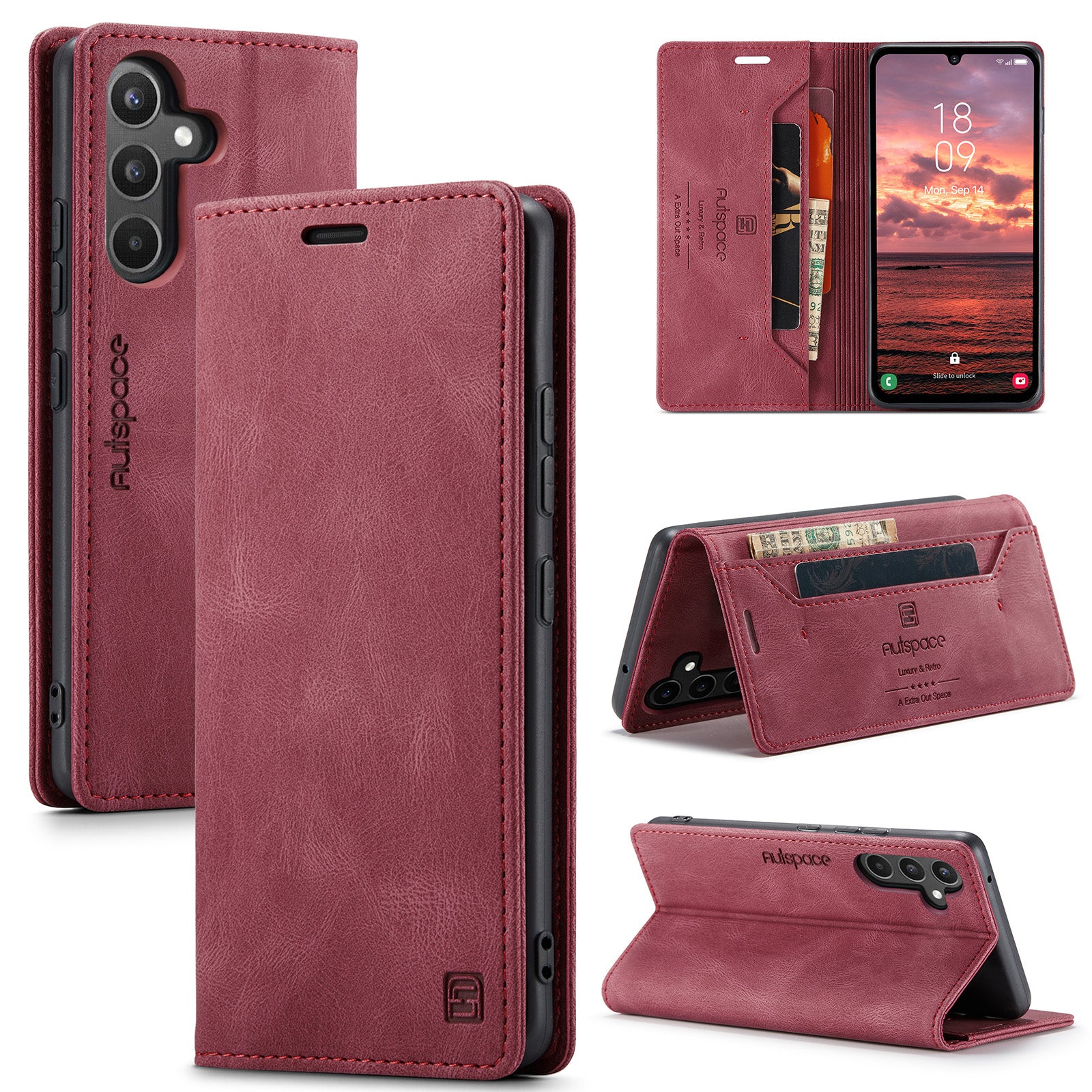 AUTSPACE Wallet Phone Case for Samsung Galaxy A34 5G RFID Blocking Flip Leather Cover A01 Series Retro Stand Phone Cover